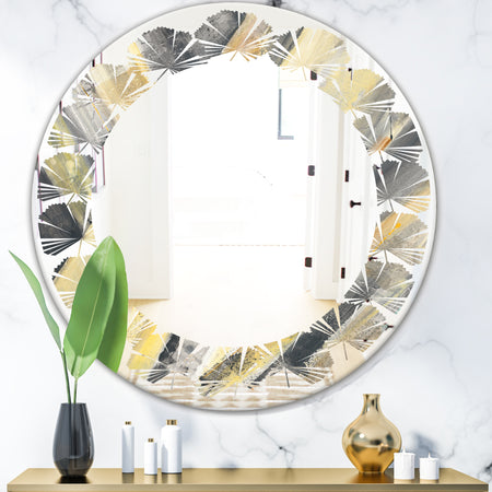 Geometric Beige Glacier - Modern Round or Oval Wall Mirror - Leaves