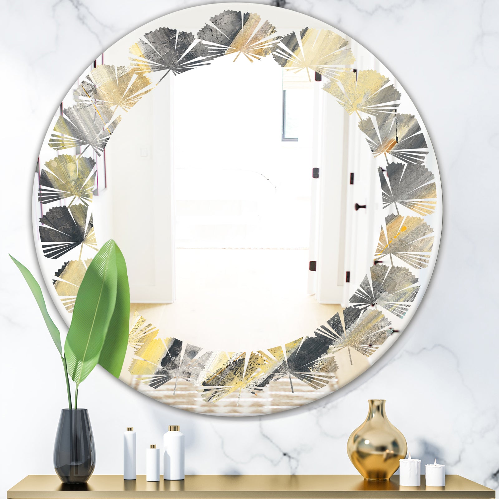 Geometric Beige Glacier - Modern Round or Oval Wall Mirror - Leaves