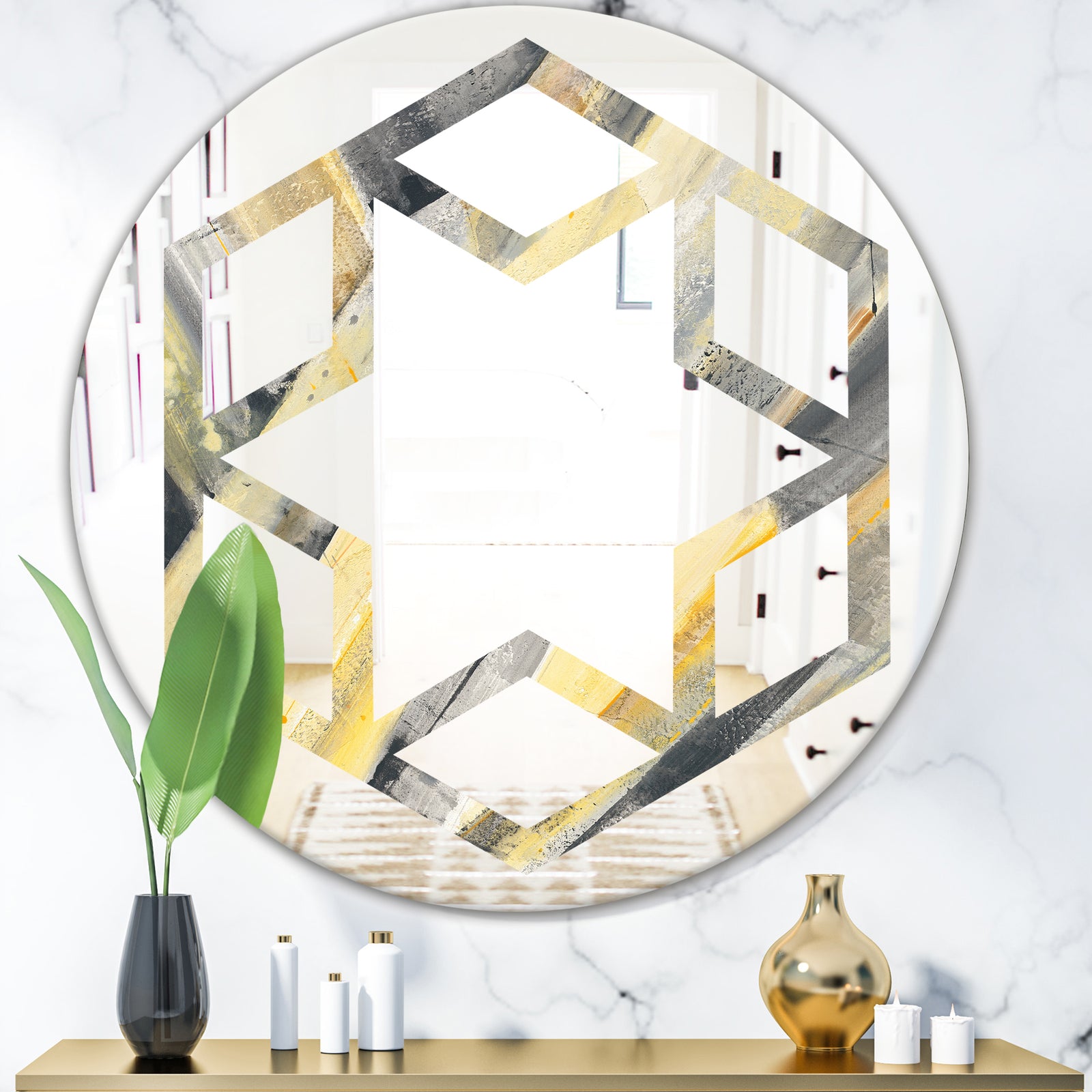 Geometric Beige Glacier - Modern Round or Oval Wall Mirror - Hexagon Star