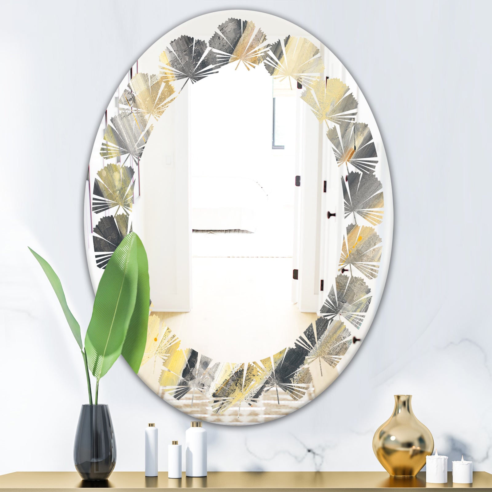 Geometric Beige Glacier - Modern Round or Oval Wall Mirror - Leaves