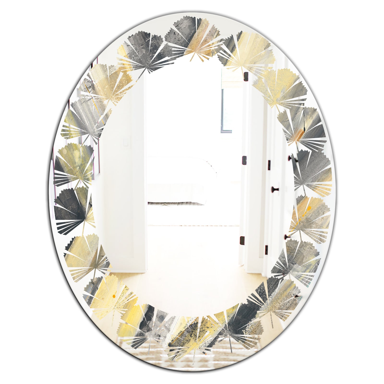 Geometric Beige Glacier - Modern Round or Oval Wall Mirror - Leaves