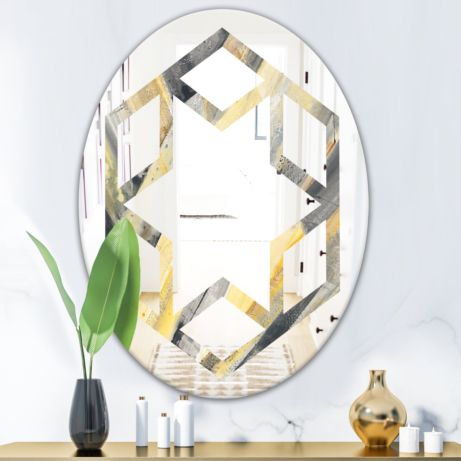 Geometric Beige Glacier - Modern Round or Oval Wall Mirror - Hexagon Star