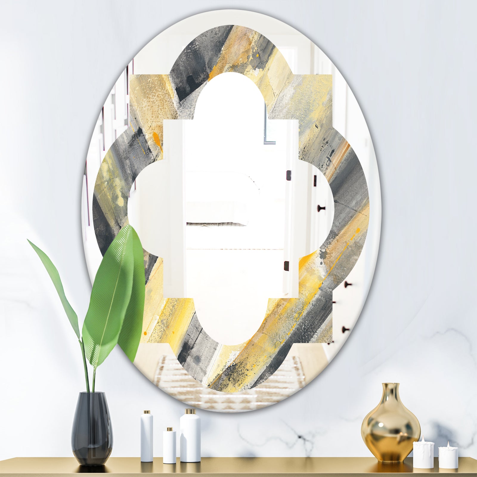Geometric Beige Glacier - Modern Round or Oval Wall Mirror - Quatrefoil