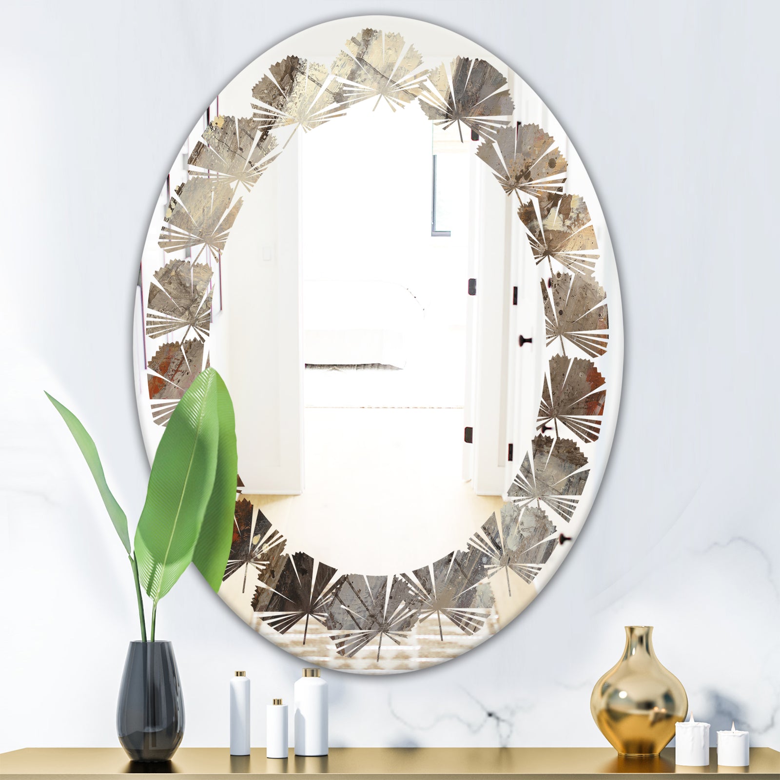 Fire and Ice Minerals III - Modern Round or Oval Wall Mirror - Leaves
