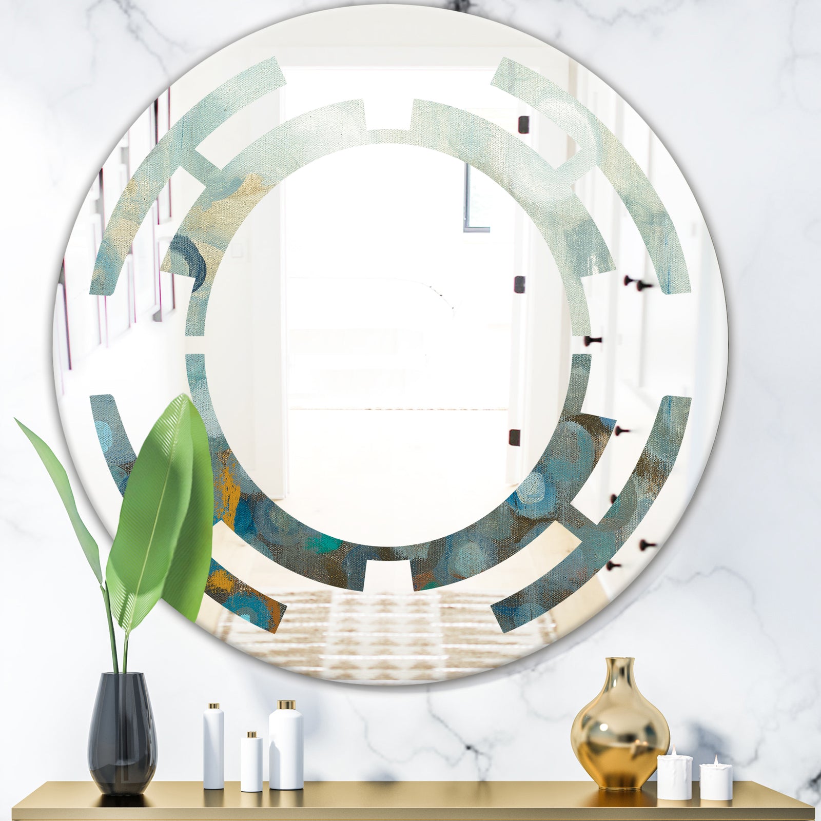 Blue and Bronze Dots On Glass II - Modern Round or Oval Wall Mirror - Space