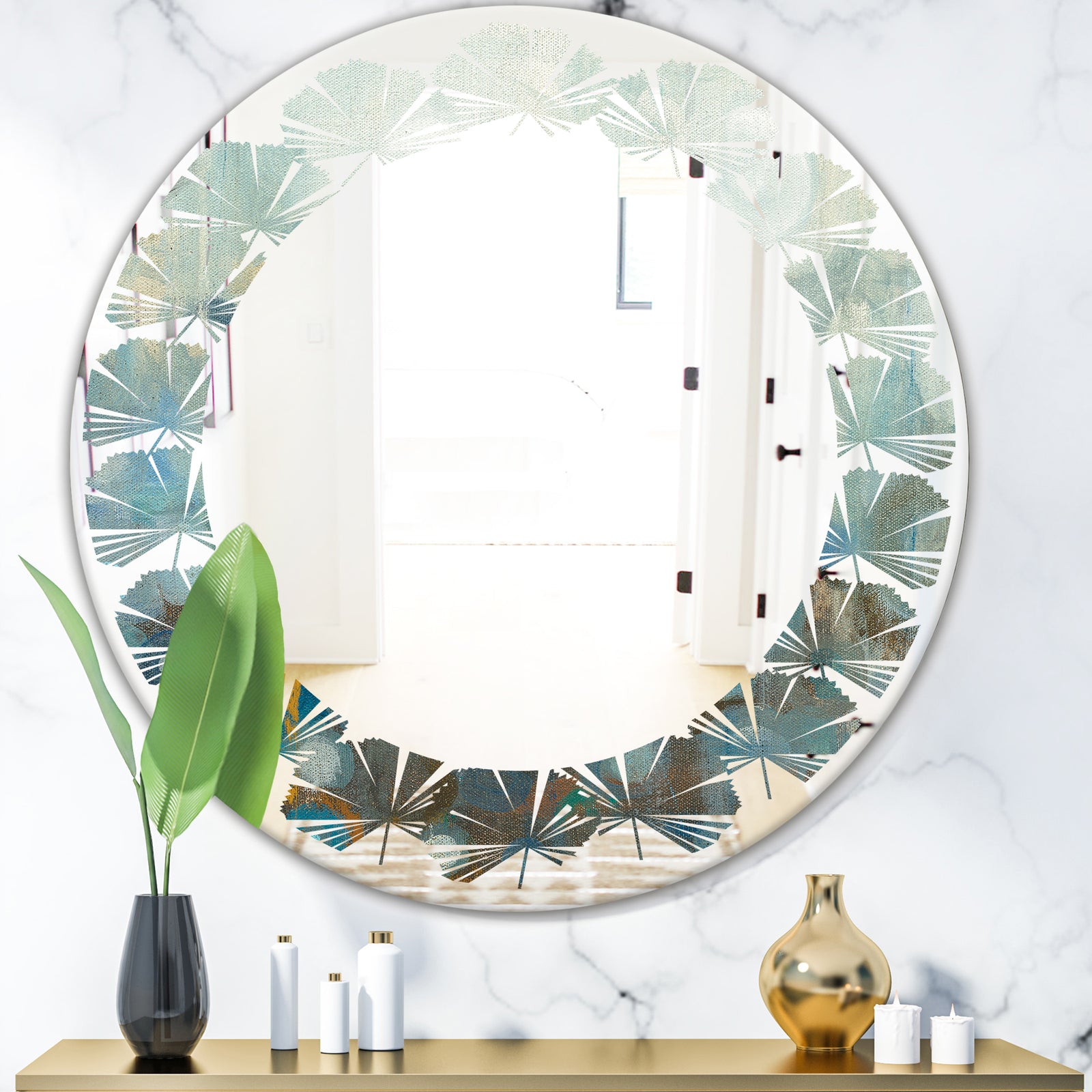 Blue and Bronze Dots On Glass II - Modern Round or Oval Wall Mirror - Leaves
