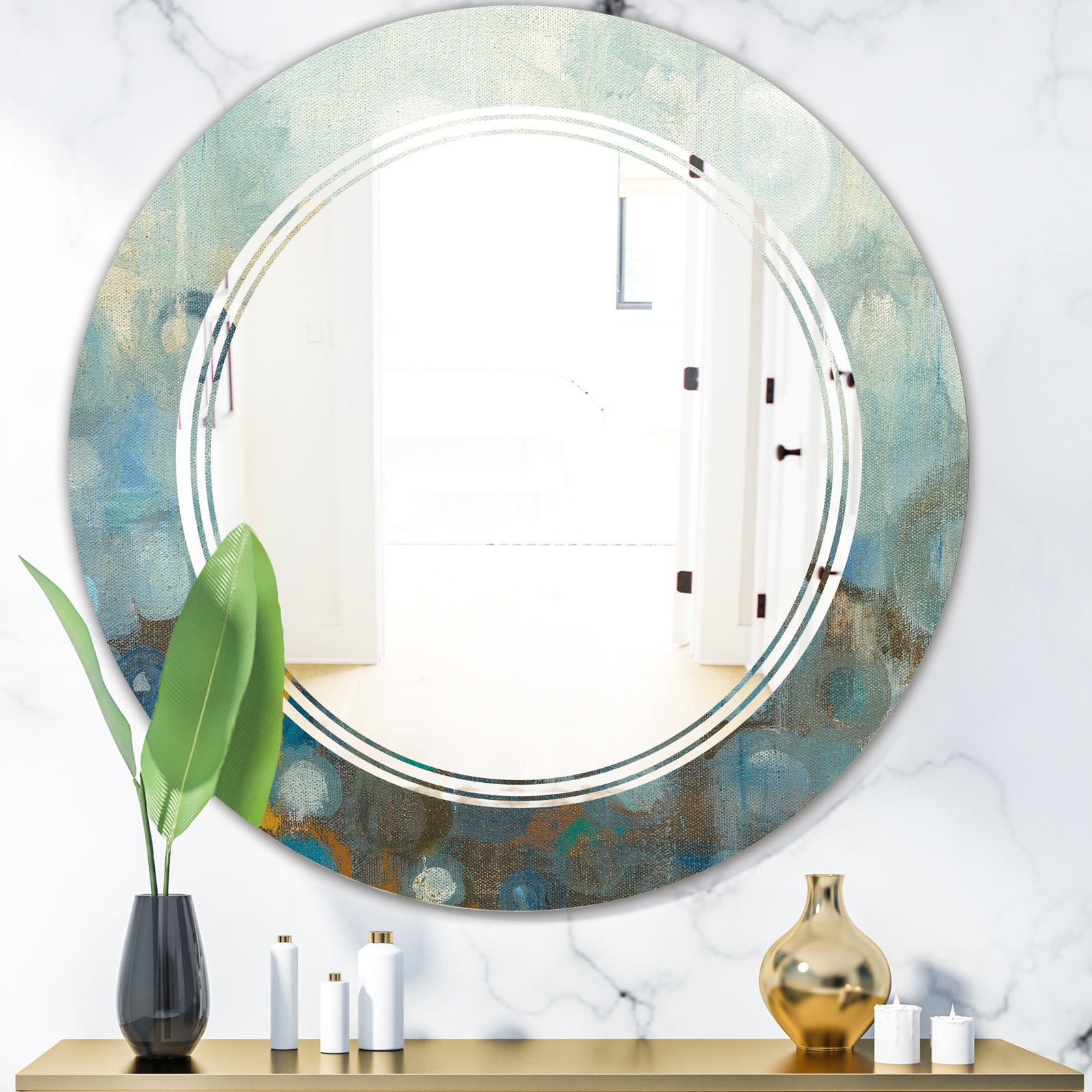 Blue and Bronze Dots On Glass II - Modern Round or Oval Wall Mirror - Triple C