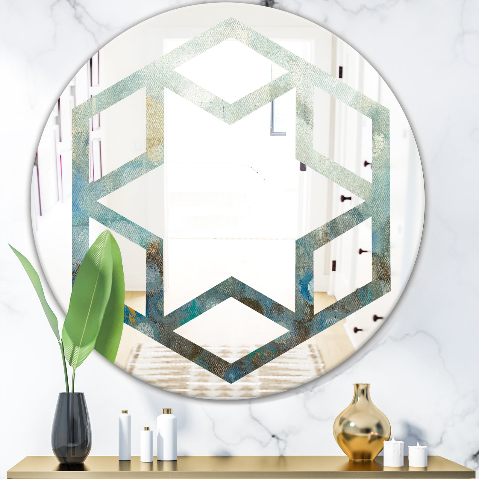 Blue and Bronze Dots On Glass II - Modern Round or Oval Wall Mirror - Hexagon Star