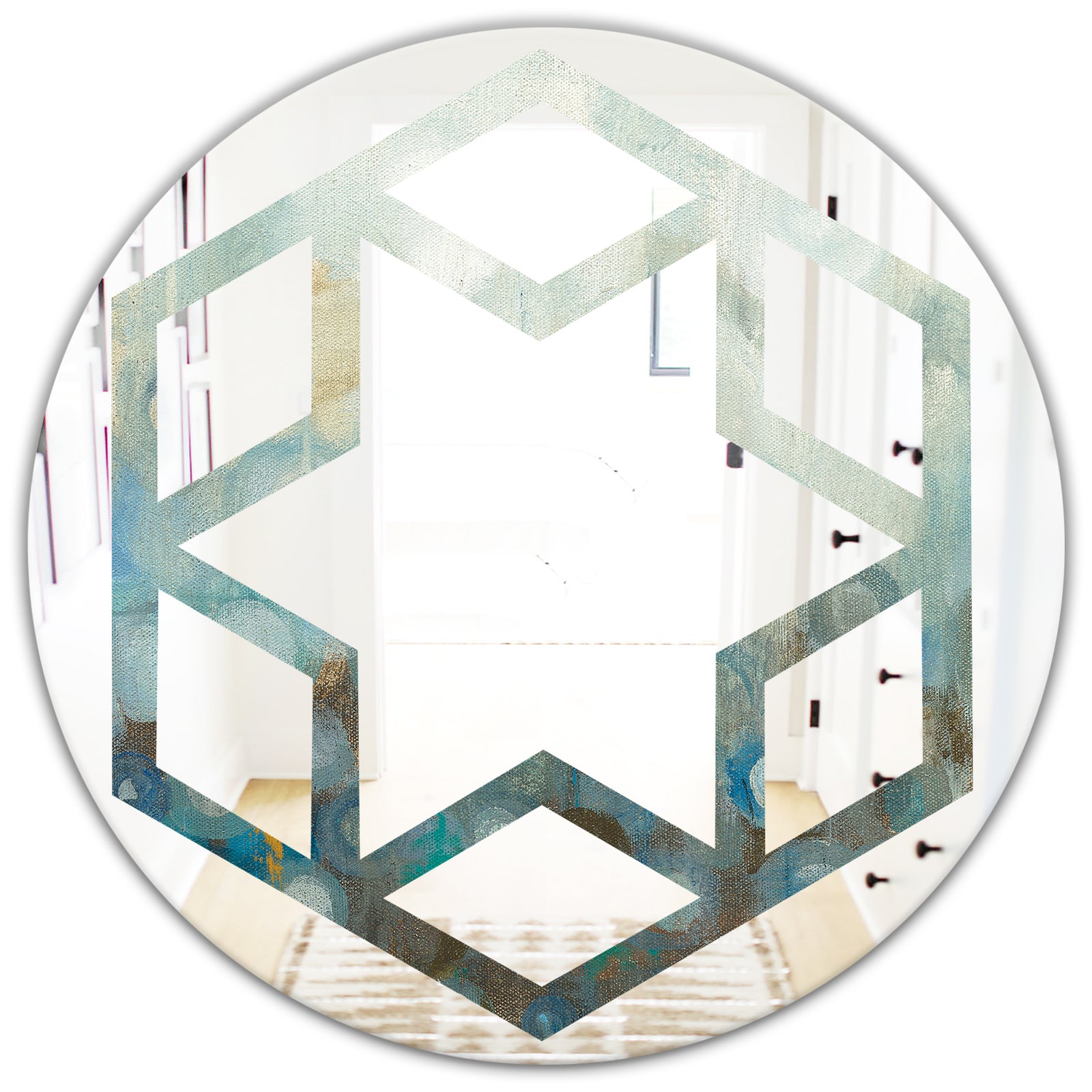 Blue and Bronze Dots On Glass II - Modern Round or Oval Wall Mirror - Hexagon Star