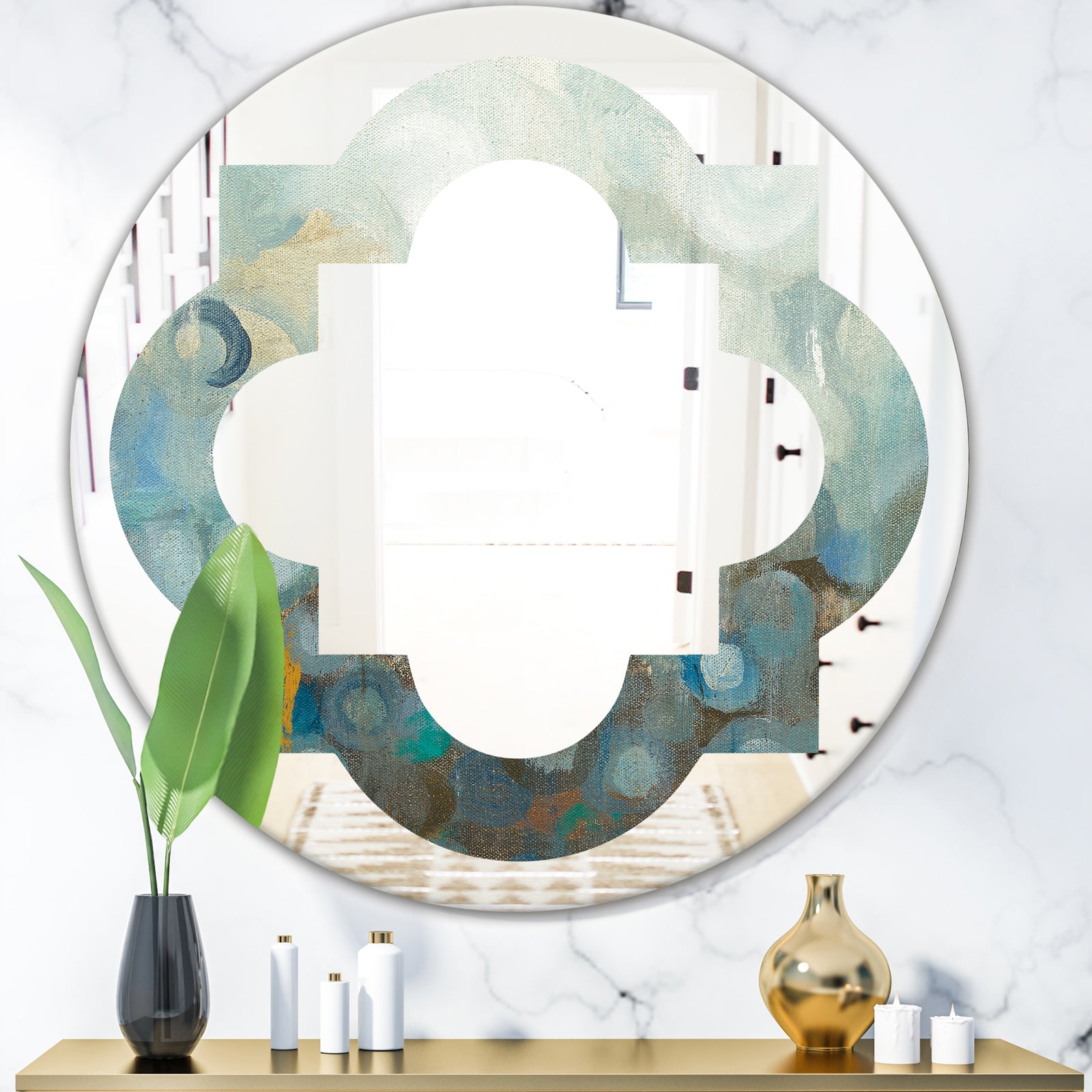 Blue and Bronze Dots On Glass II - Modern Round or Oval Wall Mirror - Quatrefoil