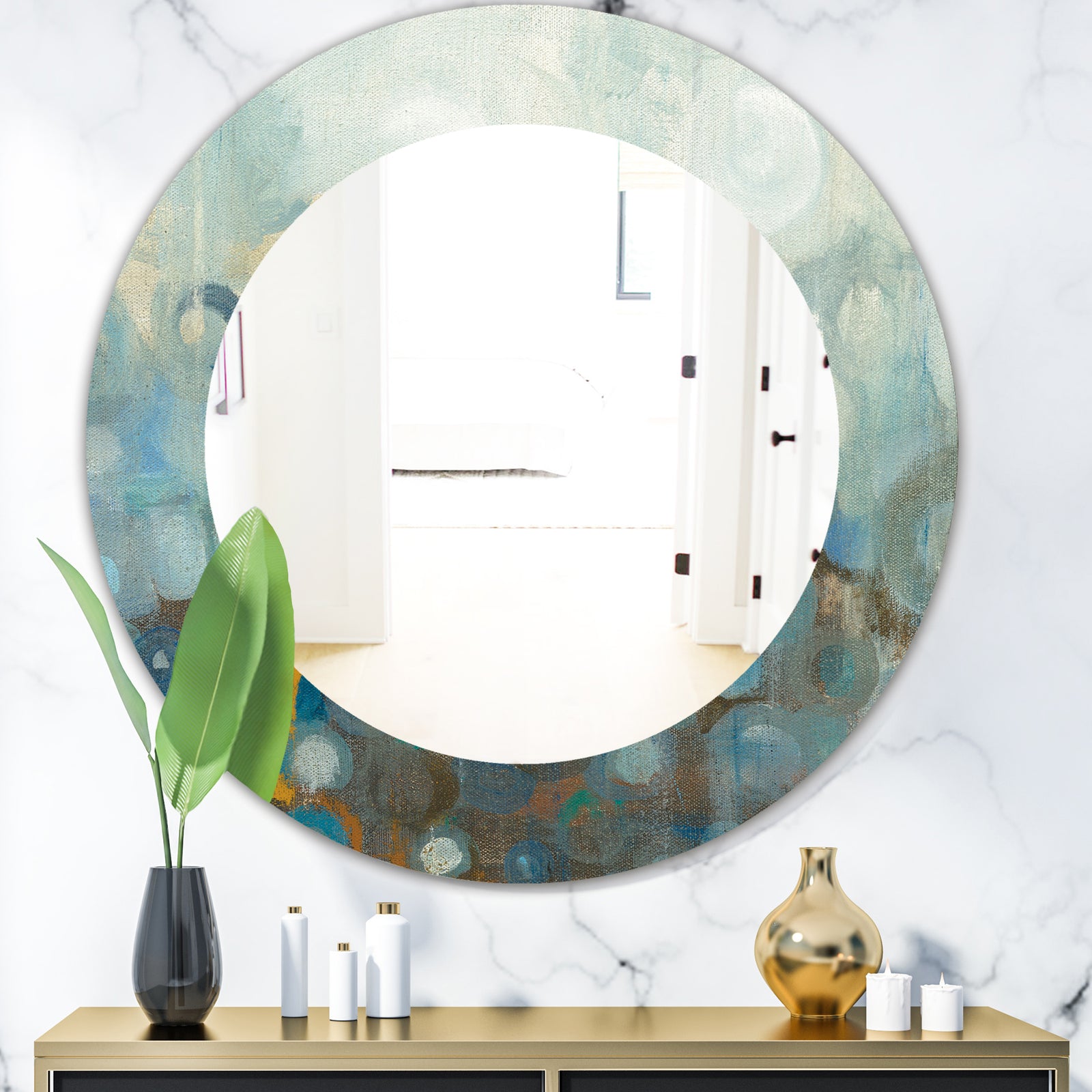 Blue and Bronze Dots On Glass II - Modern Mirror - Oval or Round Wall Mirror