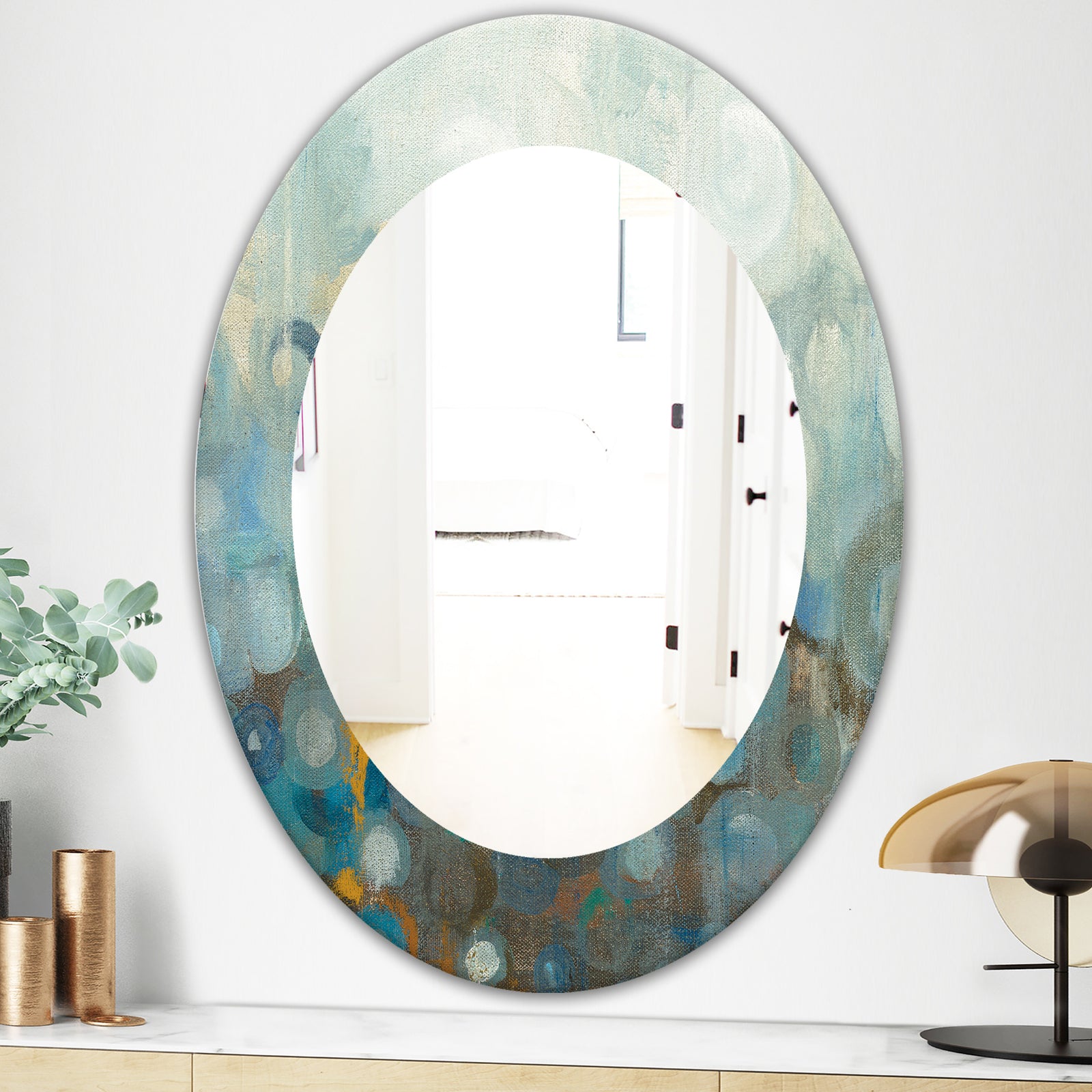 Blue and Bronze Dots On Glass II - Modern Mirror - Oval or Round Wall Mirror