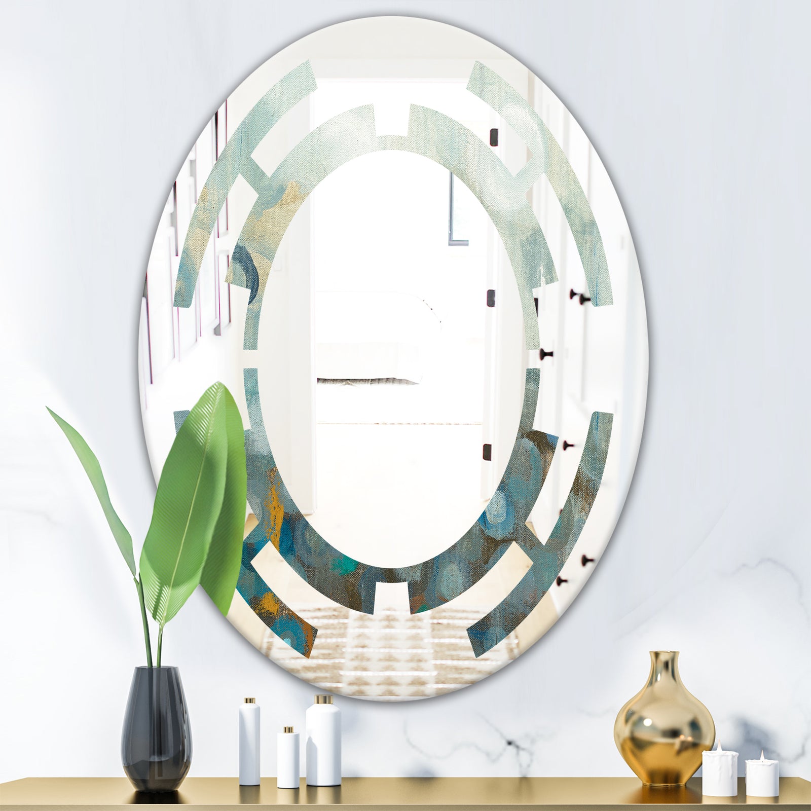 Blue and Bronze Dots On Glass II - Modern Round or Oval Wall Mirror - Space