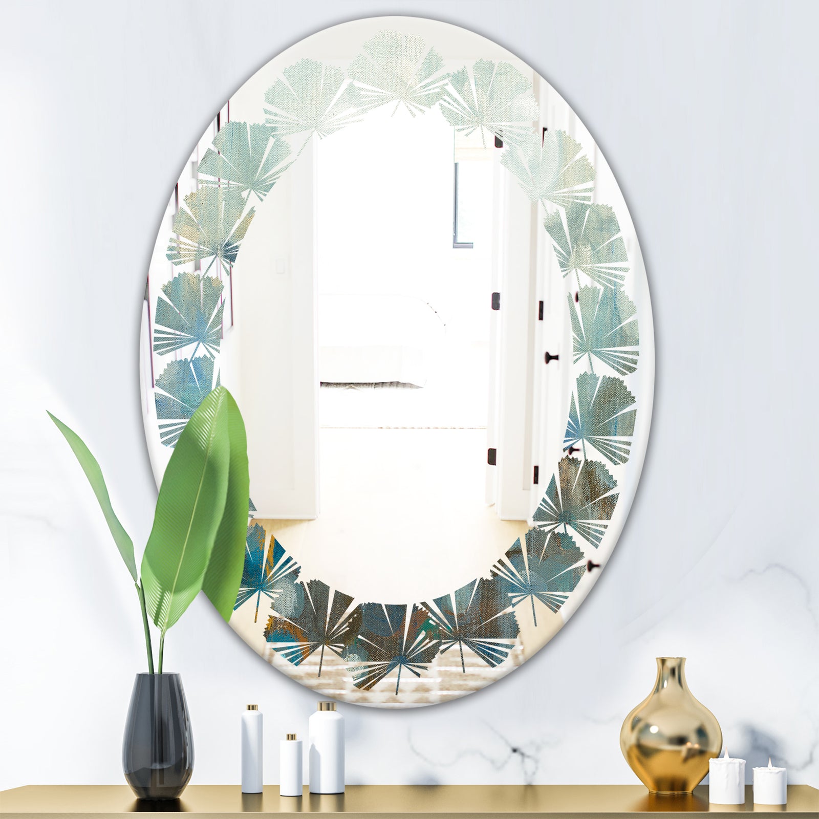 Blue and Bronze Dots On Glass II - Modern Round or Oval Wall Mirror - Leaves
