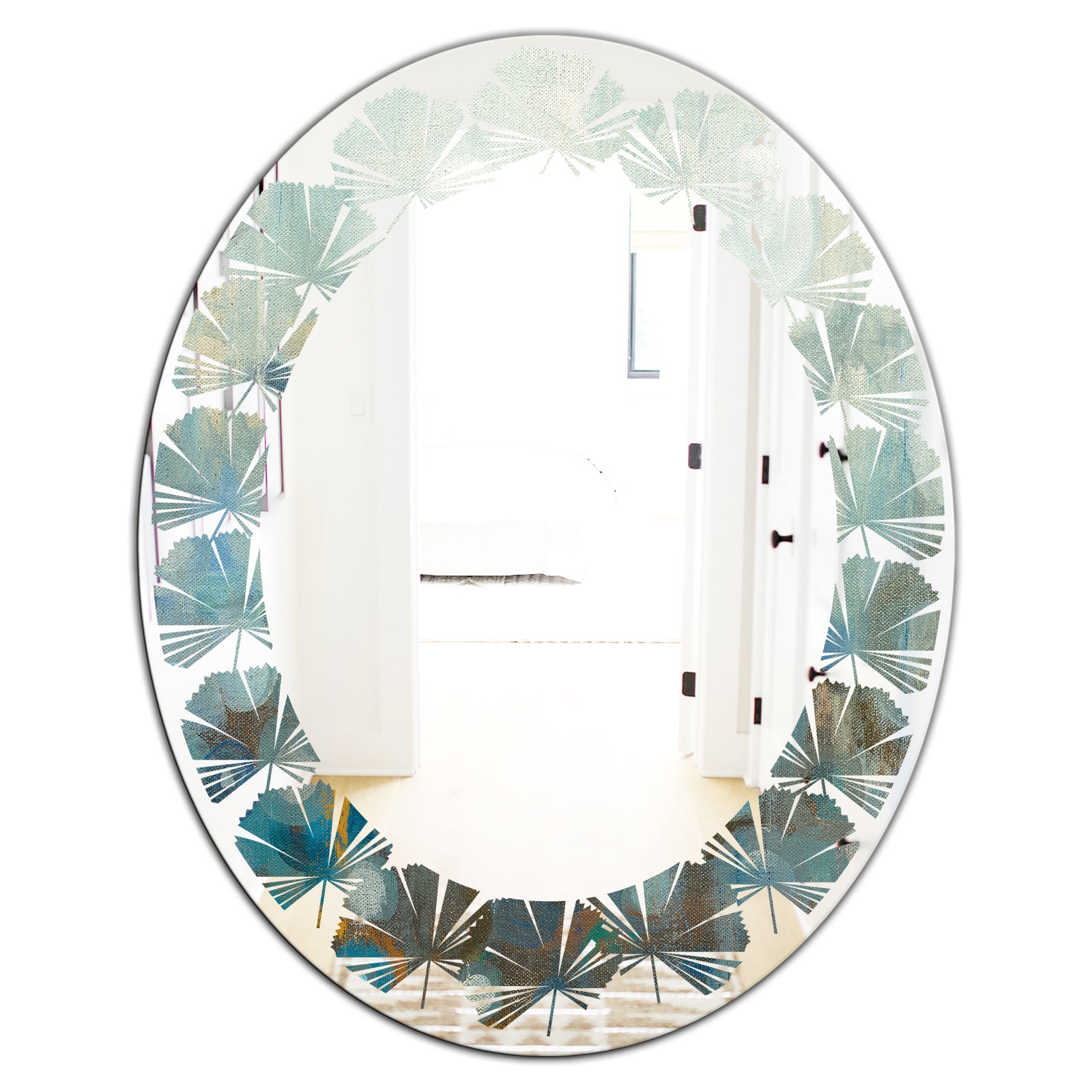 Blue and Bronze Dots On Glass II - Modern Round or Oval Wall Mirror - Leaves
