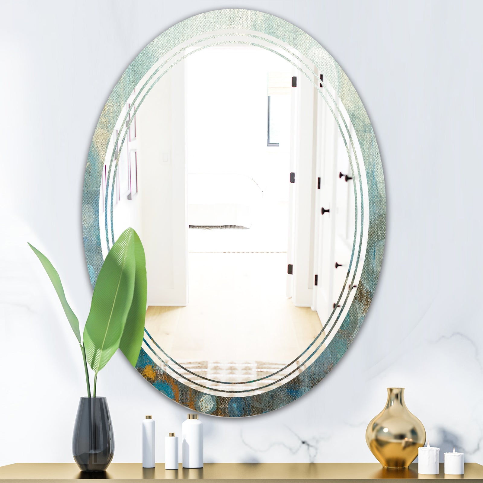 Blue and Bronze Dots On Glass II - Modern Round or Oval Wall Mirror - Triple C
