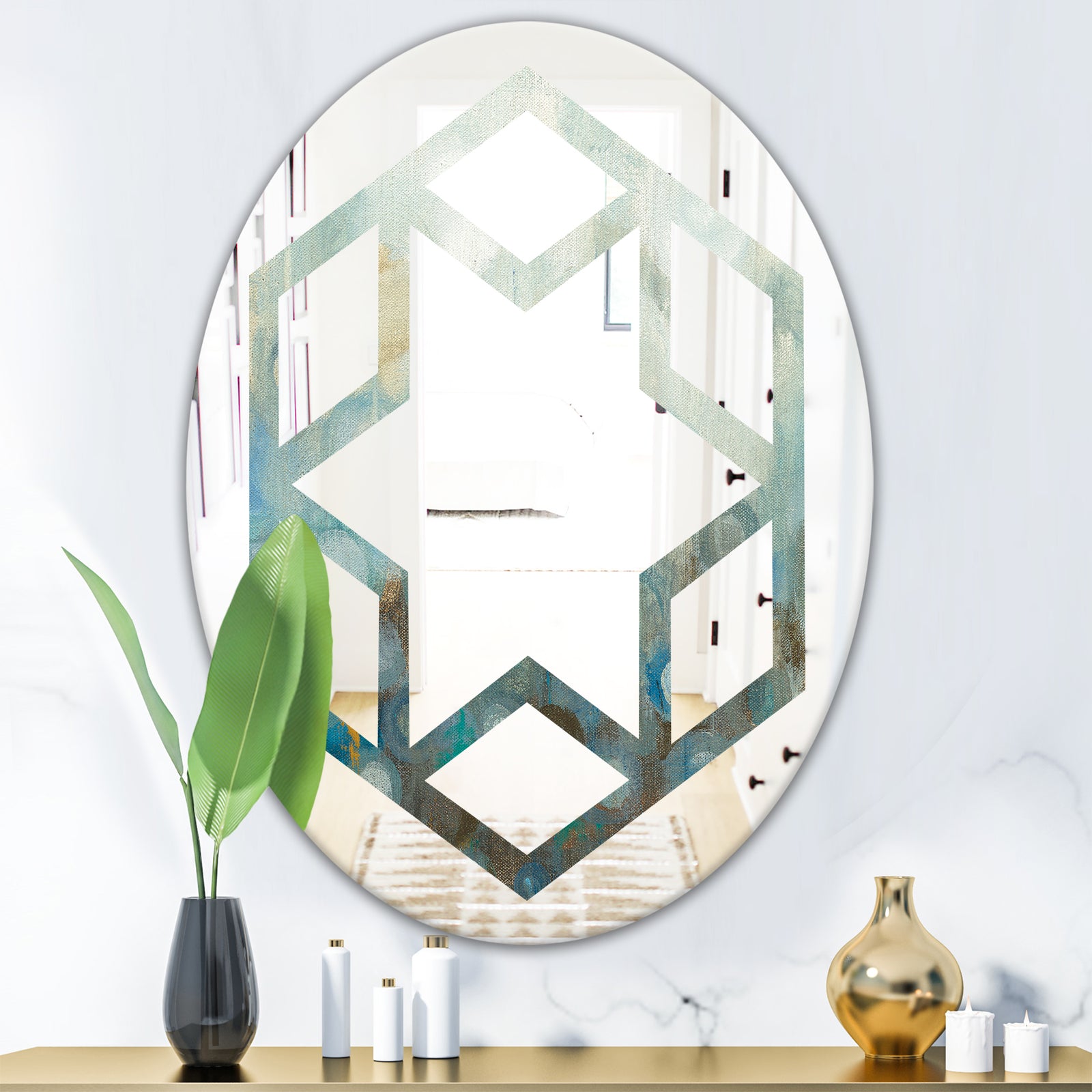 Blue and Bronze Dots On Glass II - Modern Round or Oval Wall Mirror - Hexagon Star