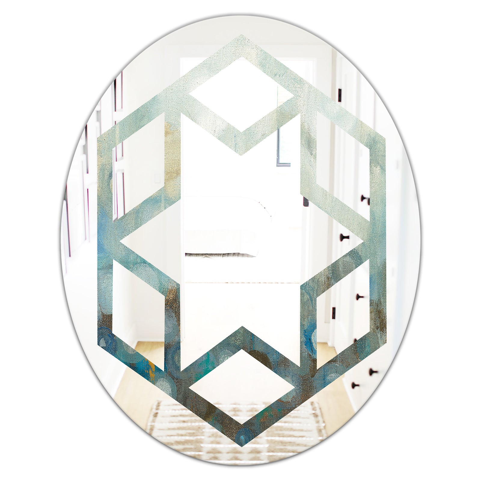 Blue and Bronze Dots On Glass II - Modern Round or Oval Wall Mirror - Hexagon Star
