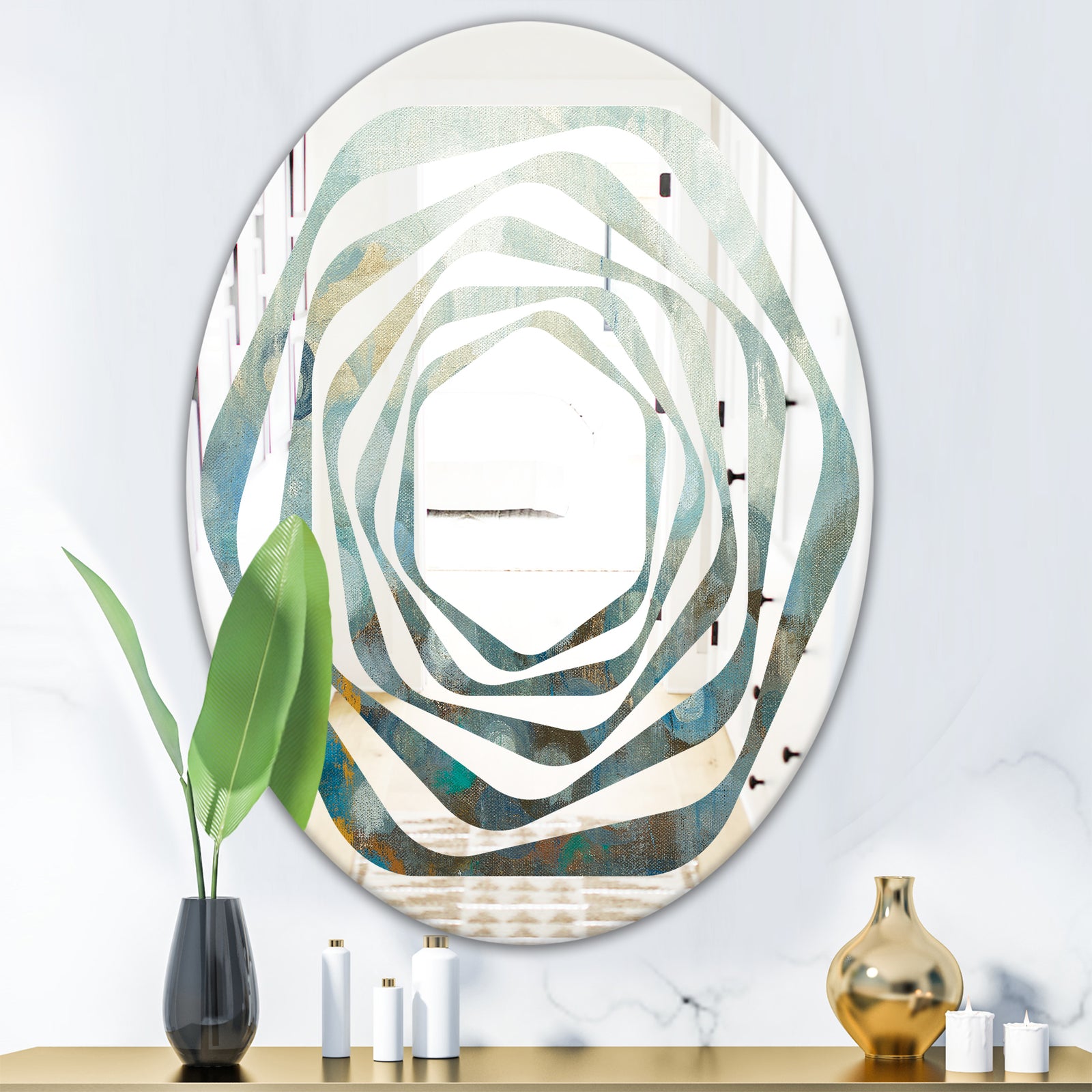Blue and Bronze Dots On Glass II - Modern Round or Oval Wall Mirror - Whirl