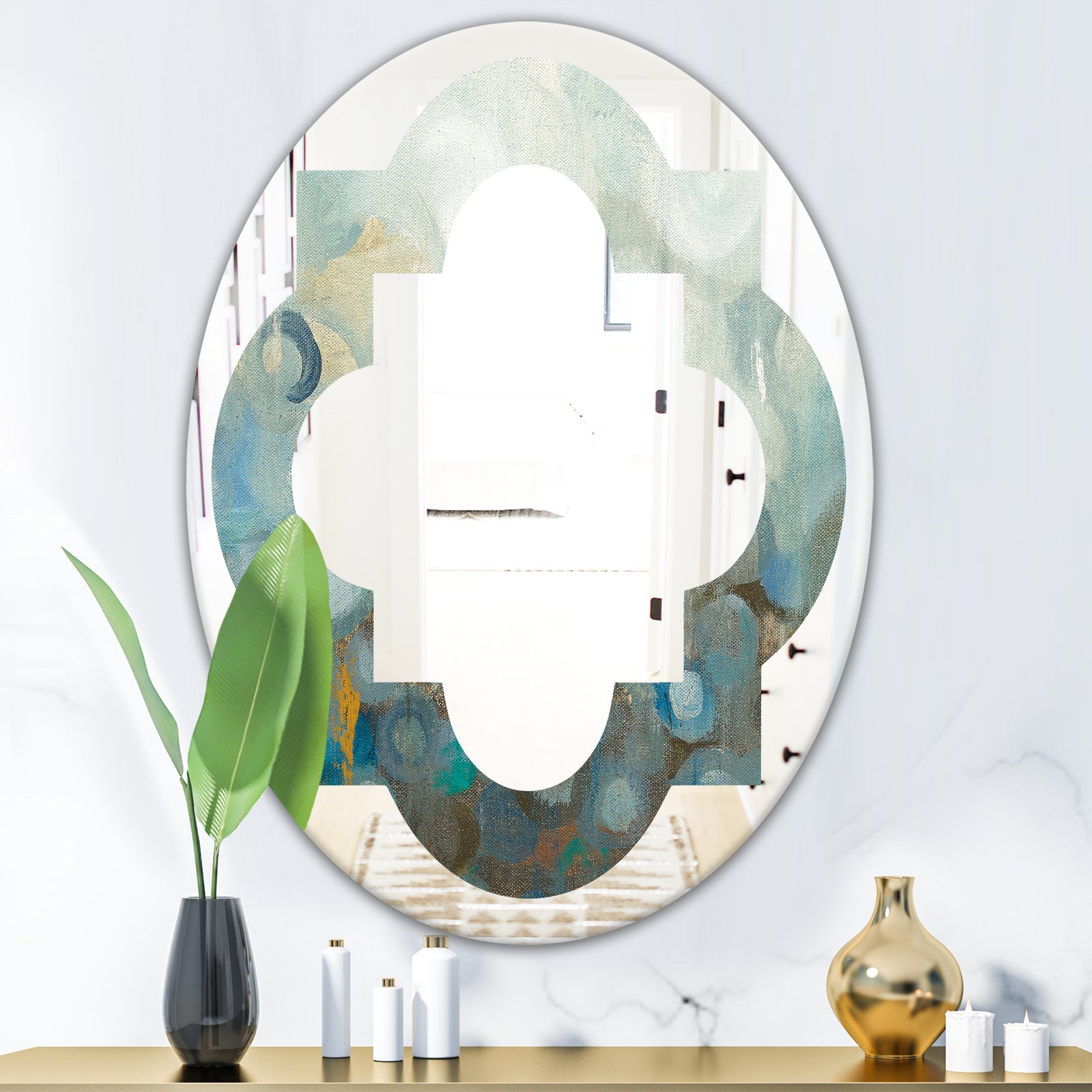 Blue and Bronze Dots On Glass II - Modern Round or Oval Wall Mirror - Quatrefoil