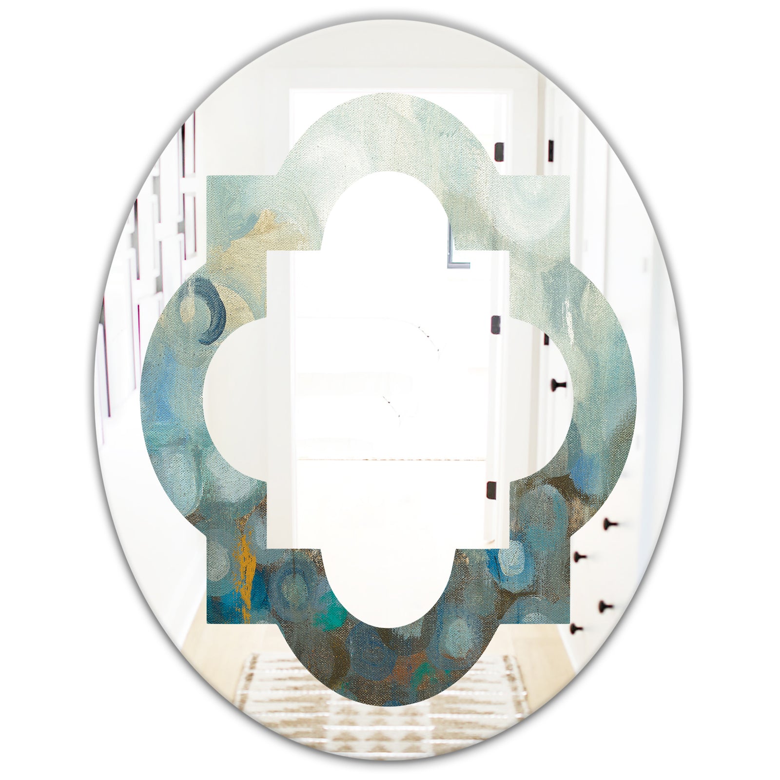 Blue and Bronze Dots On Glass II - Modern Round or Oval Wall Mirror - Quatrefoil