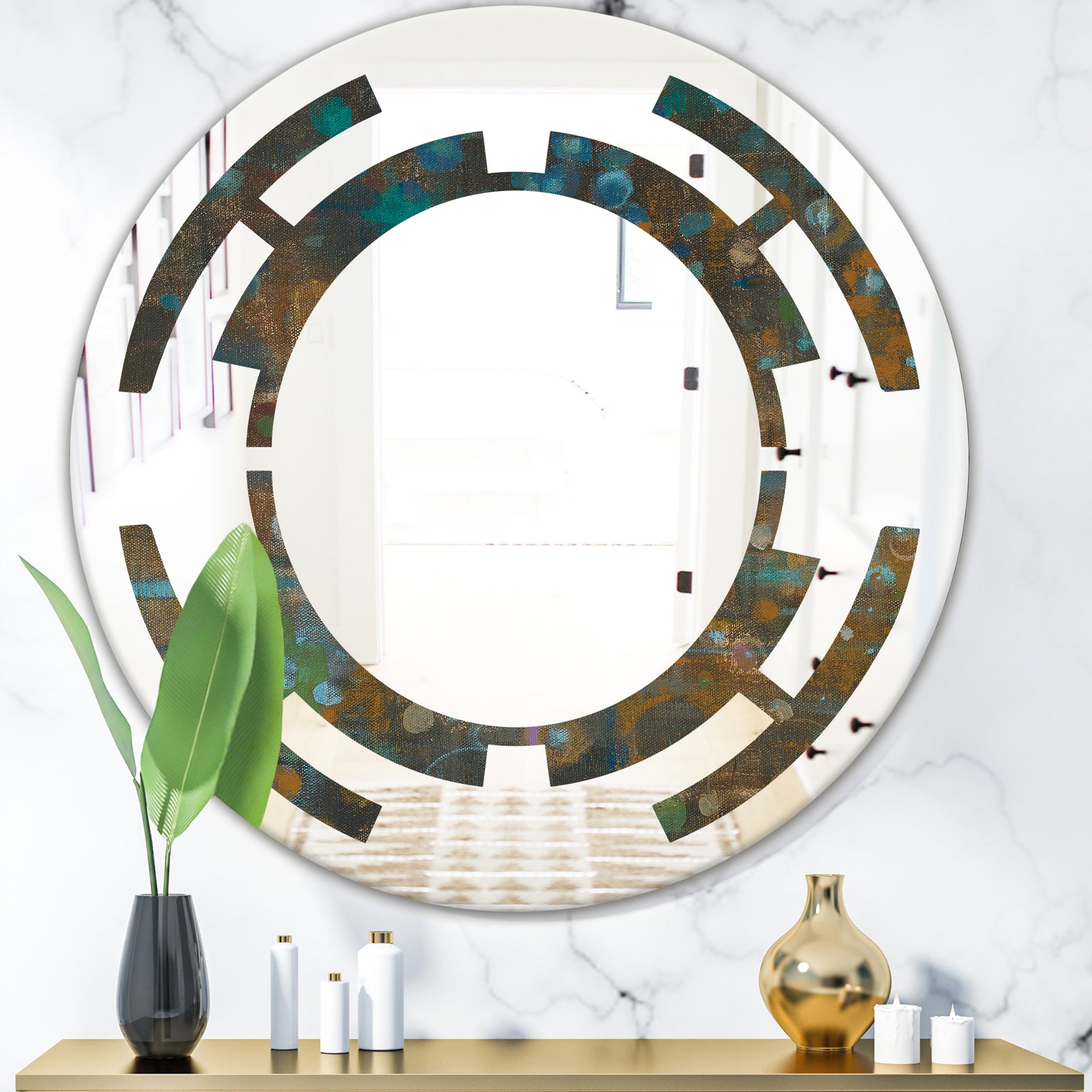 Blue and Bronze Dots on Glass III - Modern Round or Oval Wall Mirror - Space