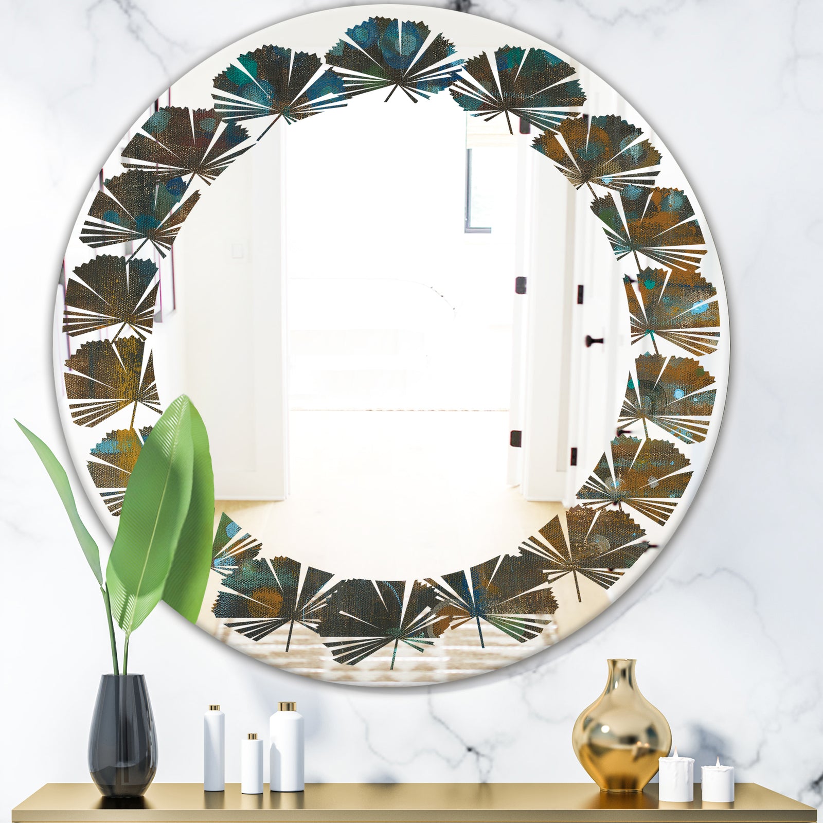 Blue and Bronze Dots on Glass III - Modern Round or Oval Wall Mirror - Leaves