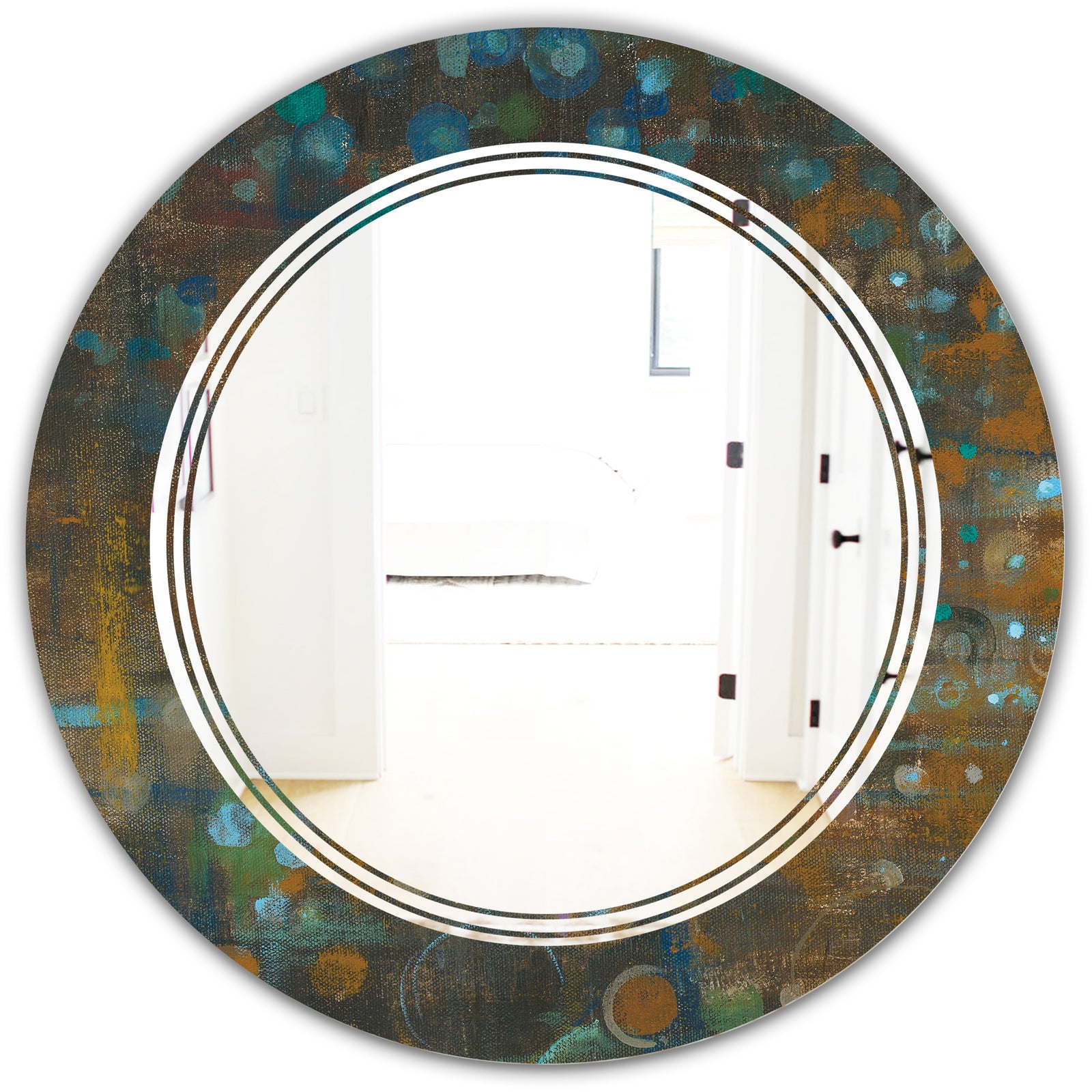 Blue and Bronze Dots on Glass III - Modern Round or Oval Wall Mirror - Triple C