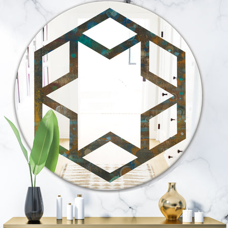 Blue and Bronze Dots on Glass III - Modern Round or Oval Wall Mirror - Hexagon Star