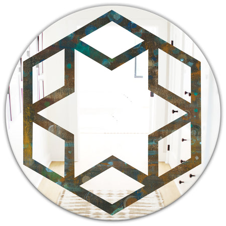 Blue and Bronze Dots on Glass III - Modern Round or Oval Wall Mirror - Hexagon Star