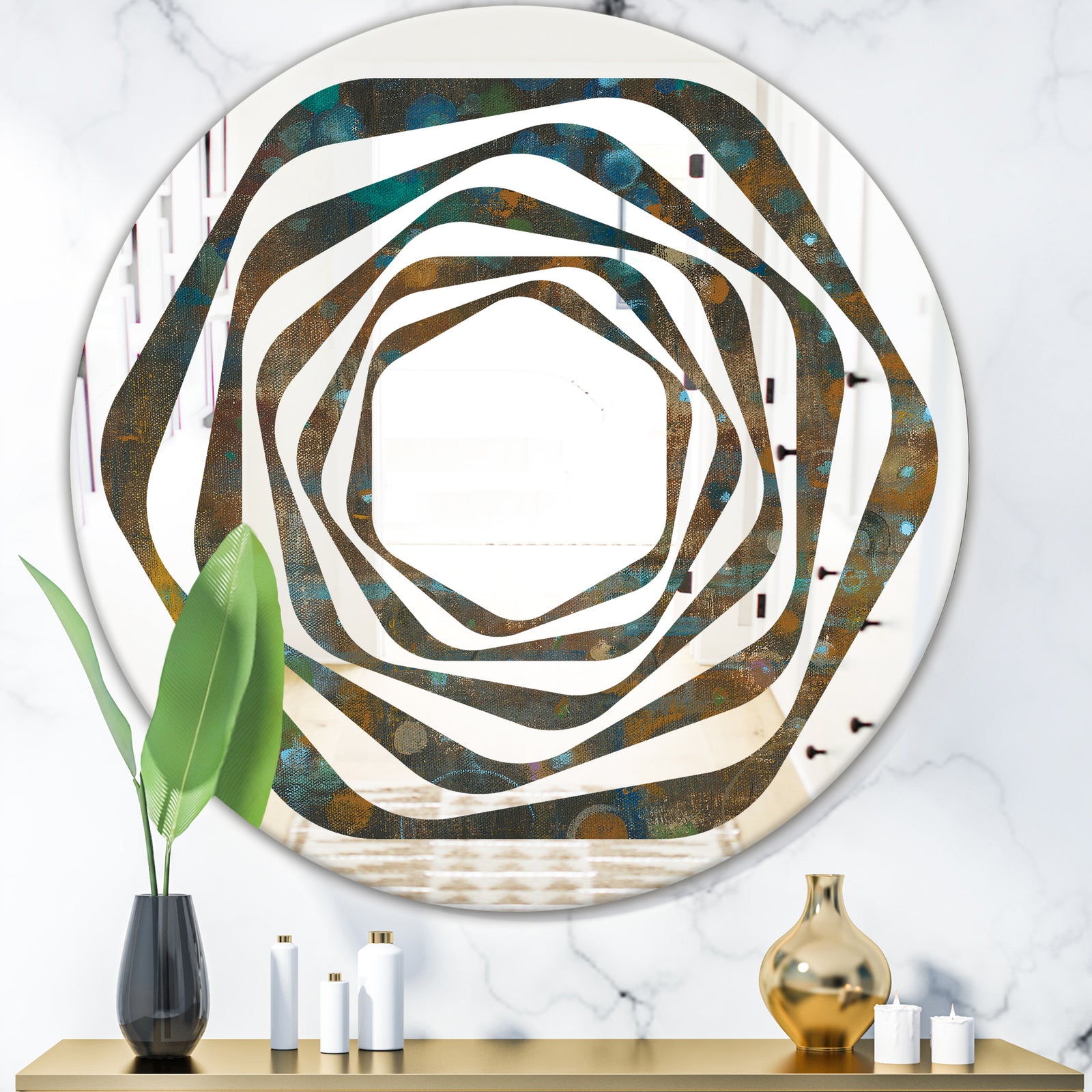 Blue and Bronze Dots on Glass III - Modern Round or Oval Wall Mirror - Whirl