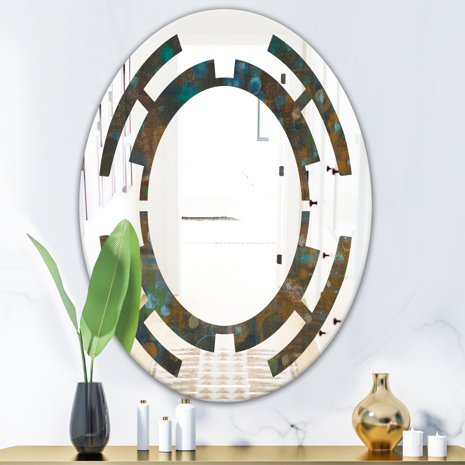 Blue and Bronze Dots on Glass III - Modern Round or Oval Wall Mirror - Space
