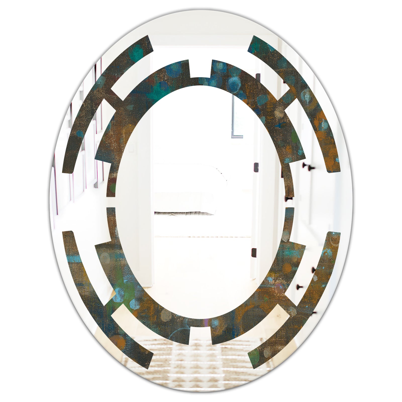Blue and Bronze Dots on Glass III - Modern Round or Oval Wall Mirror - Space