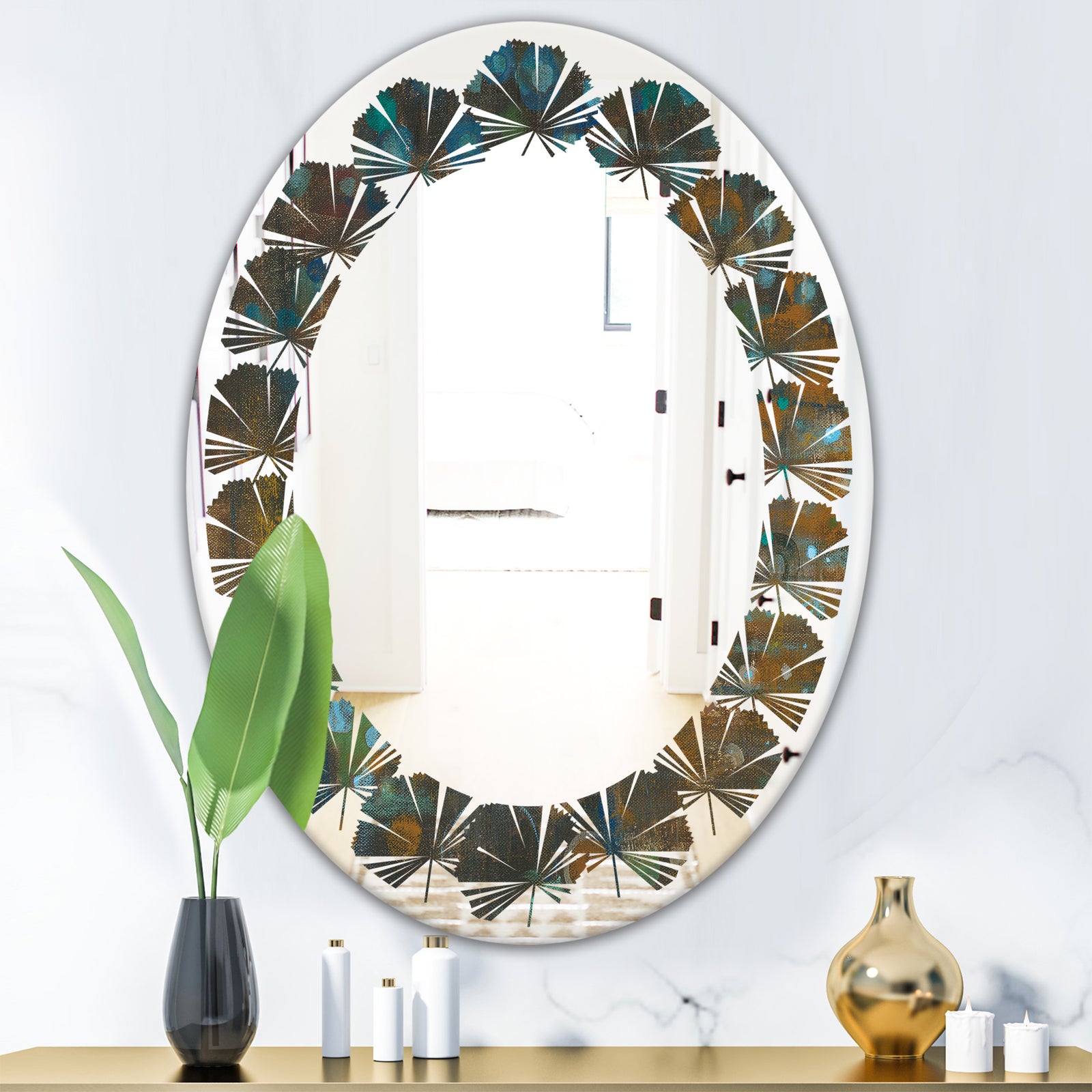 Blue and Bronze Dots on Glass III - Modern Round or Oval Wall Mirror - Leaves
