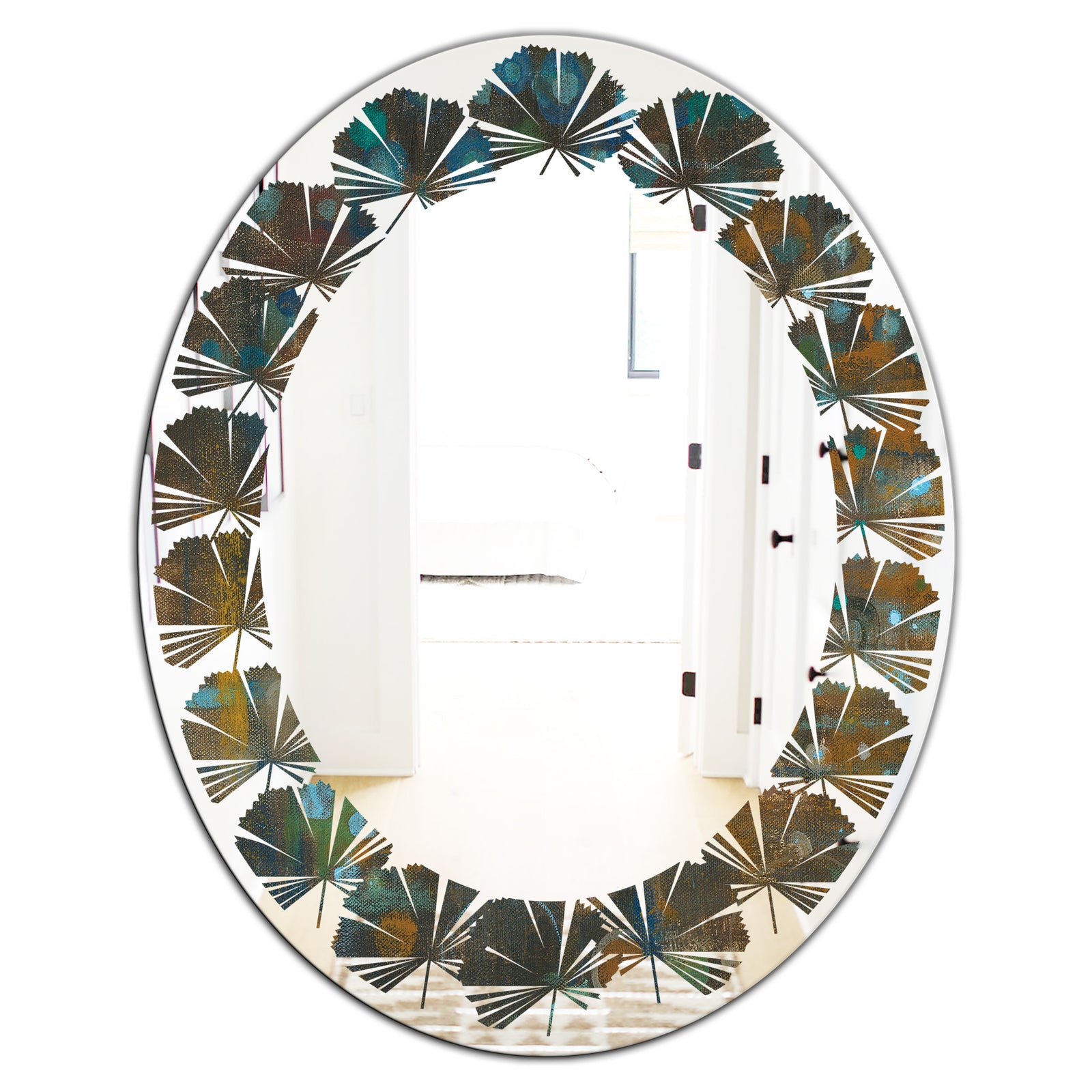 Blue and Bronze Dots on Glass III - Modern Round or Oval Wall Mirror - Leaves