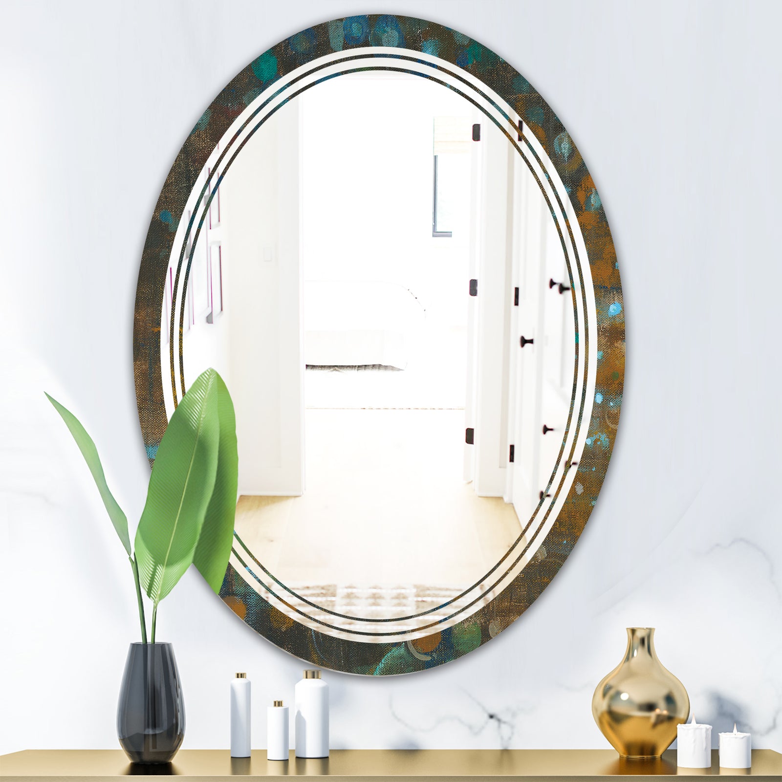 Blue and Bronze Dots on Glass III - Modern Round or Oval Wall Mirror - Triple C