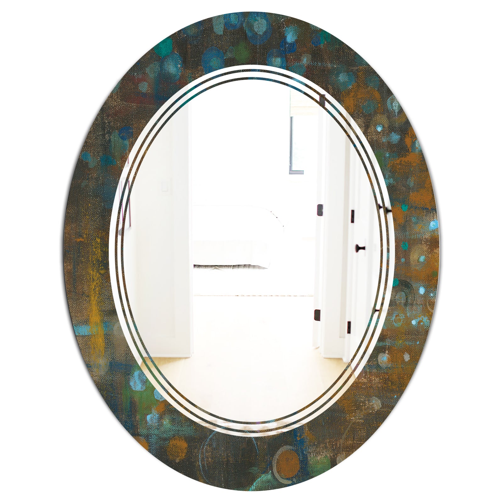 Blue and Bronze Dots on Glass III - Modern Round or Oval Wall Mirror - Triple C