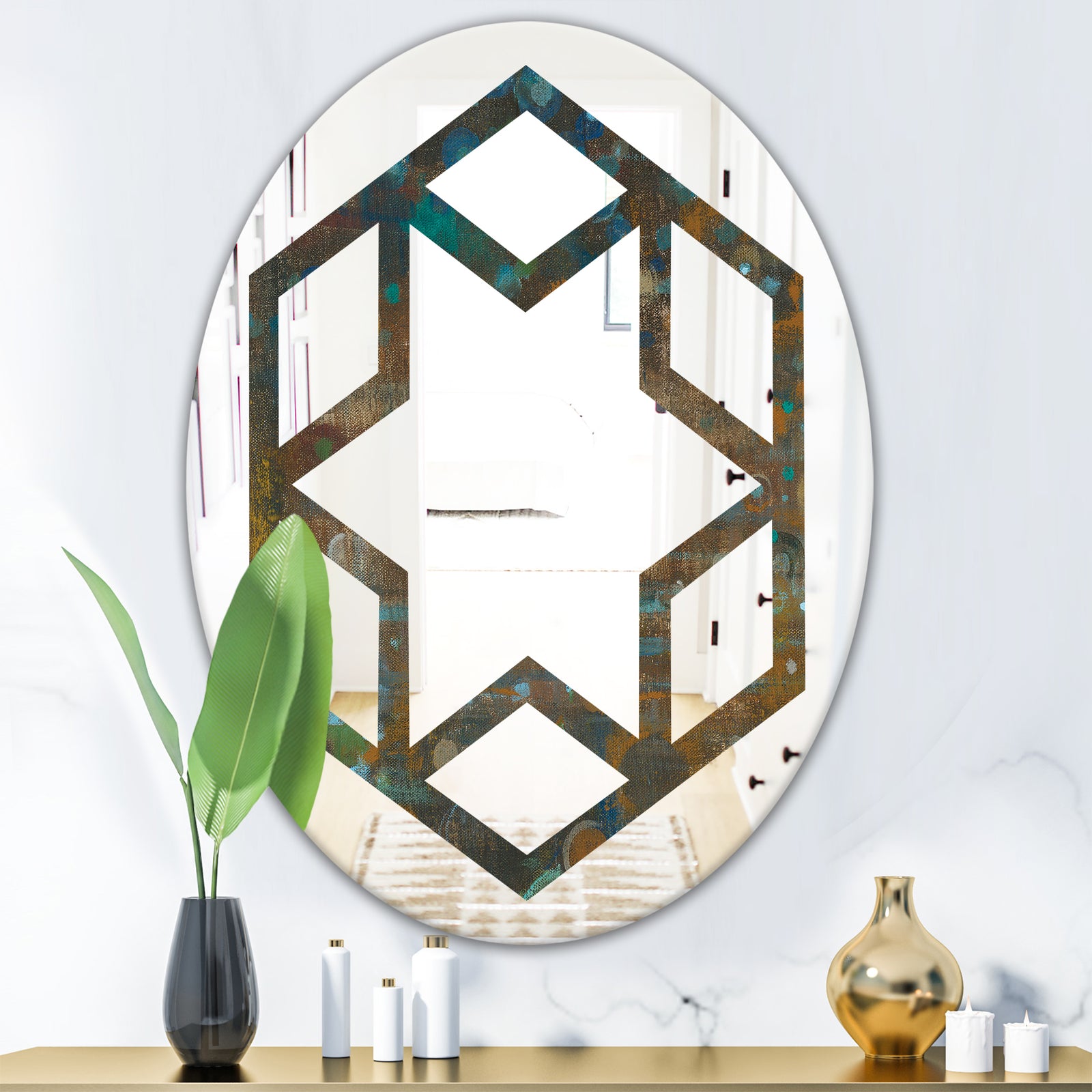 Blue and Bronze Dots on Glass III - Modern Round or Oval Wall Mirror - Hexagon Star