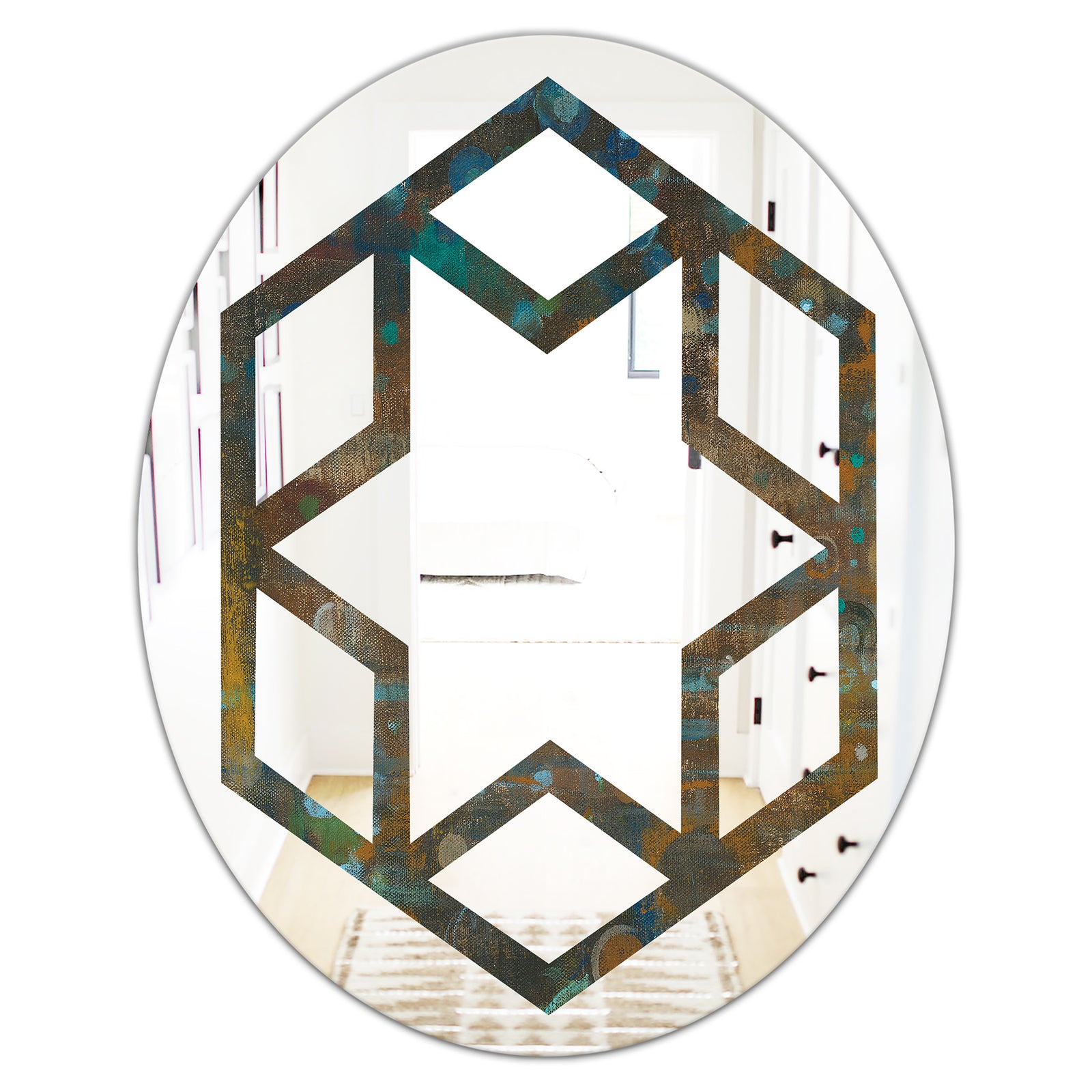 Blue and Bronze Dots on Glass III - Modern Round or Oval Wall Mirror - Hexagon Star