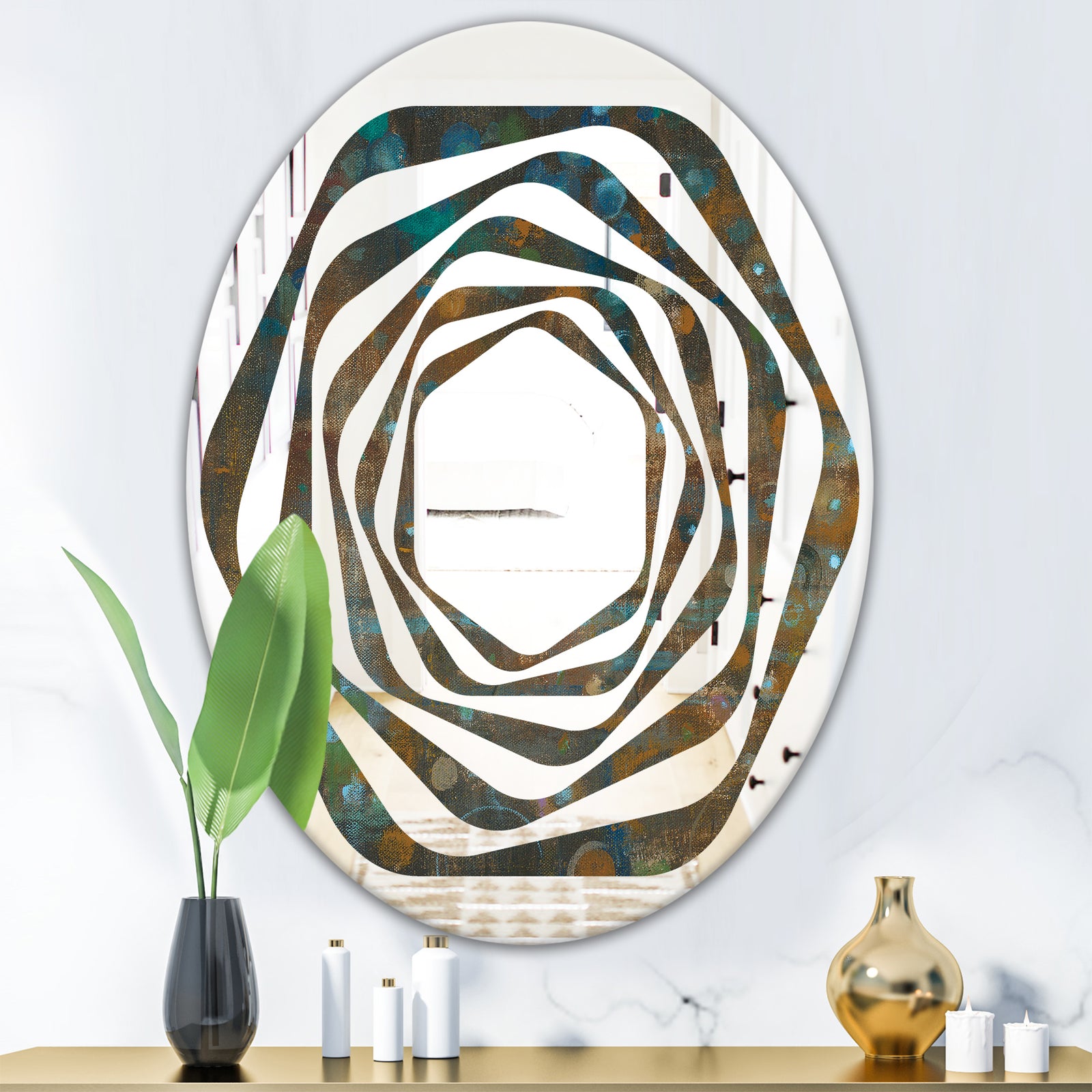 Blue and Bronze Dots on Glass III - Modern Round or Oval Wall Mirror - Whirl