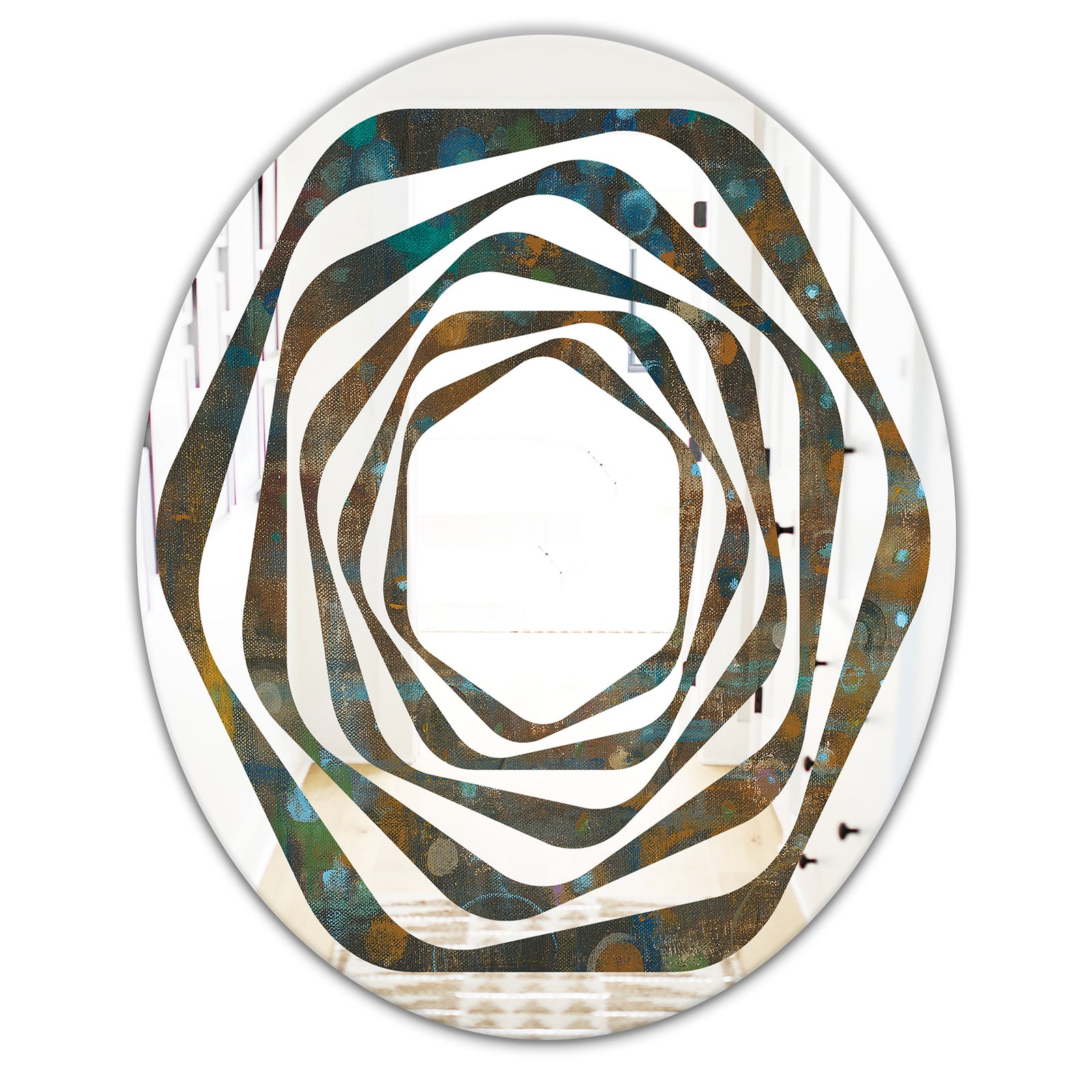 Blue and Bronze Dots on Glass III - Modern Round or Oval Wall Mirror - Whirl