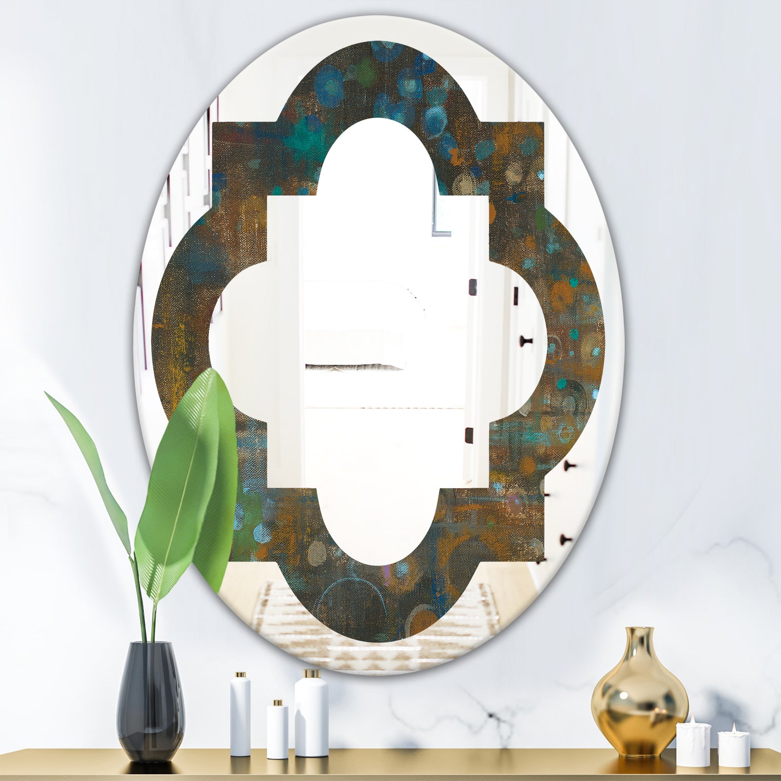 Blue and Bronze Dots on Glass III - Modern Round or Oval Wall Mirror - Quatrefoil