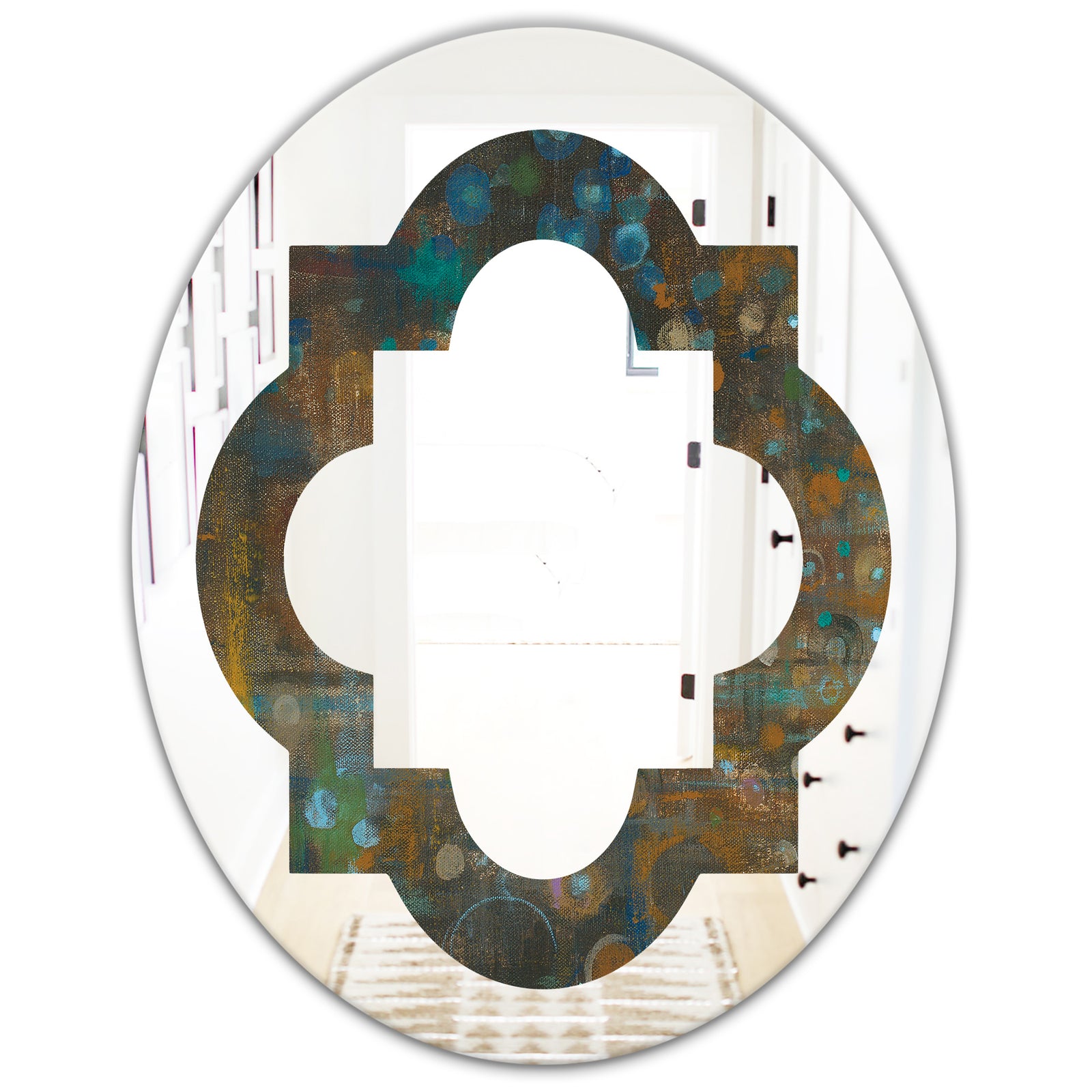 Blue and Bronze Dots on Glass III - Modern Round or Oval Wall Mirror - Quatrefoil