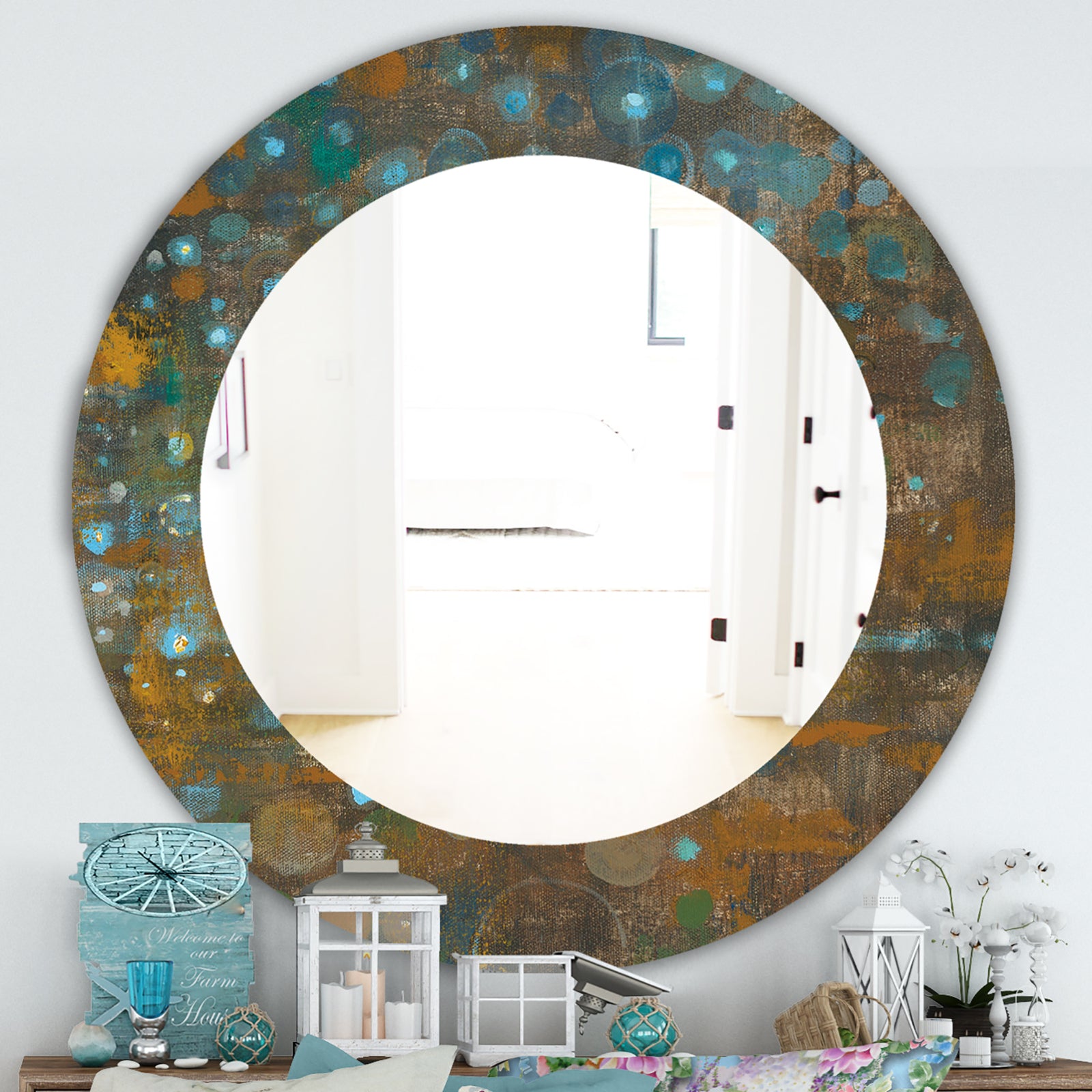 Blue and Bronze Dots On Glass IV - Traditional Mirror - Oval or Round Wall Mirror