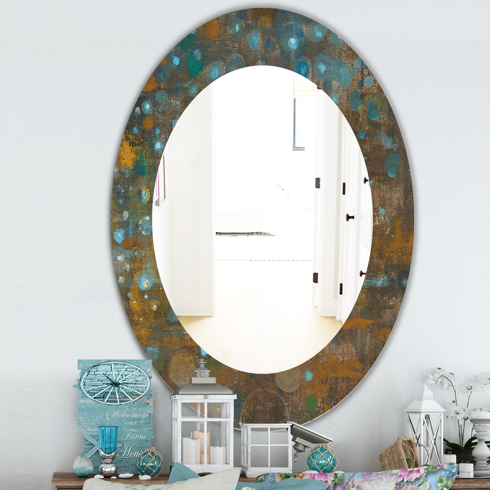 Blue and Bronze Dots On Glass IV - Traditional Mirror - Oval or Round Wall Mirror