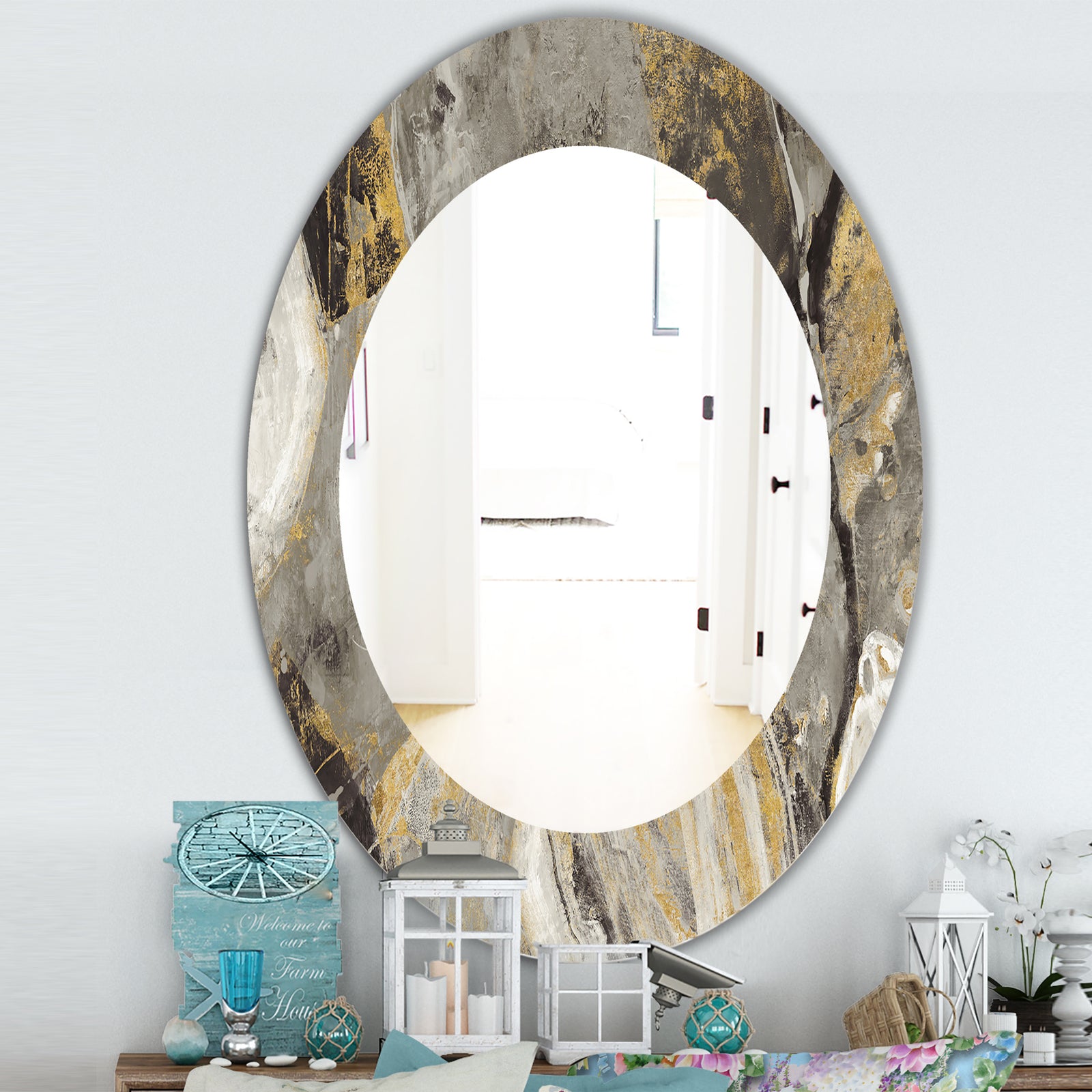 Painted Gold Stone - Traditional Mirror - Frameless Oval or Round Wall Mirror