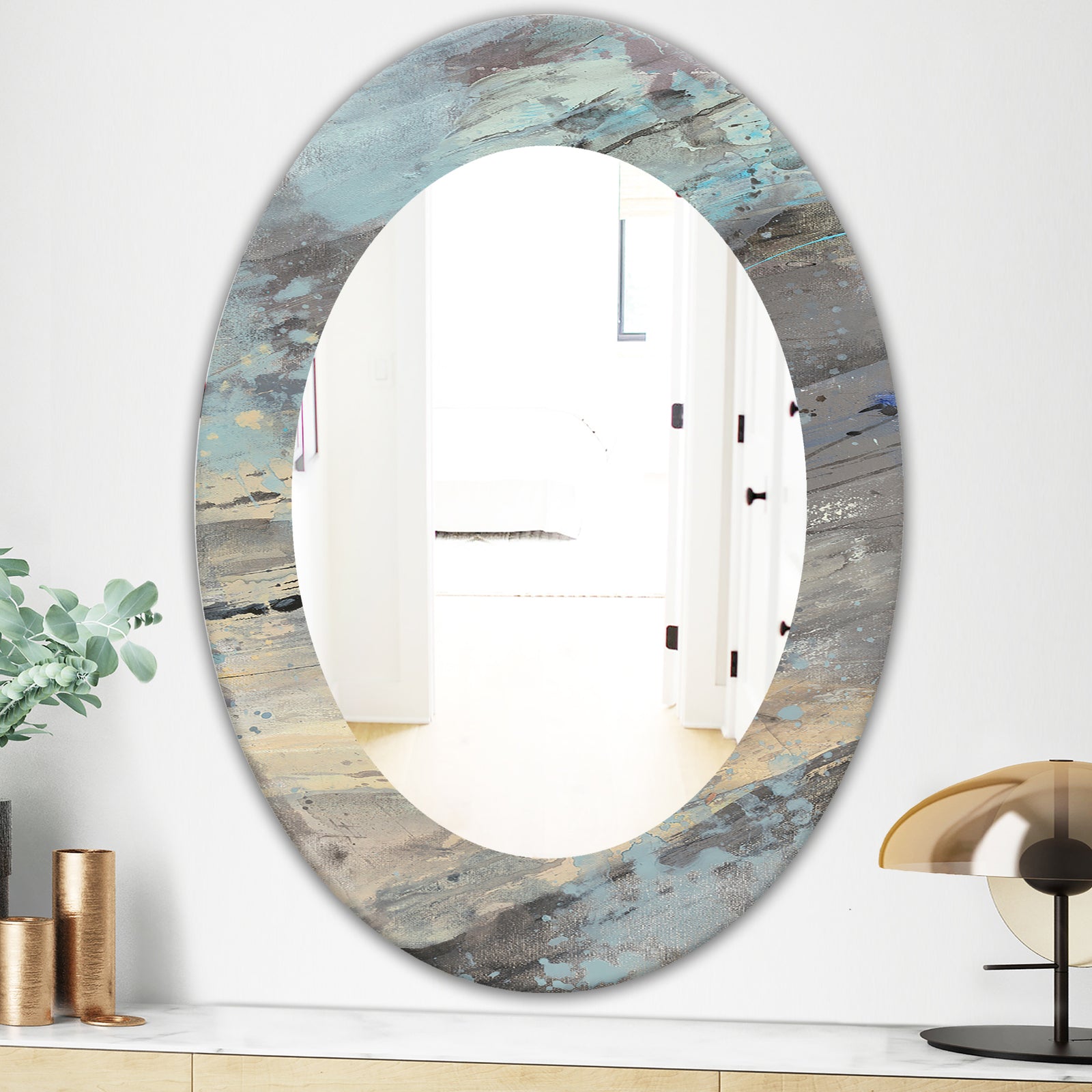 Rock Teal Panel I - Modern Mirror - Oval or Round Wall Mirror