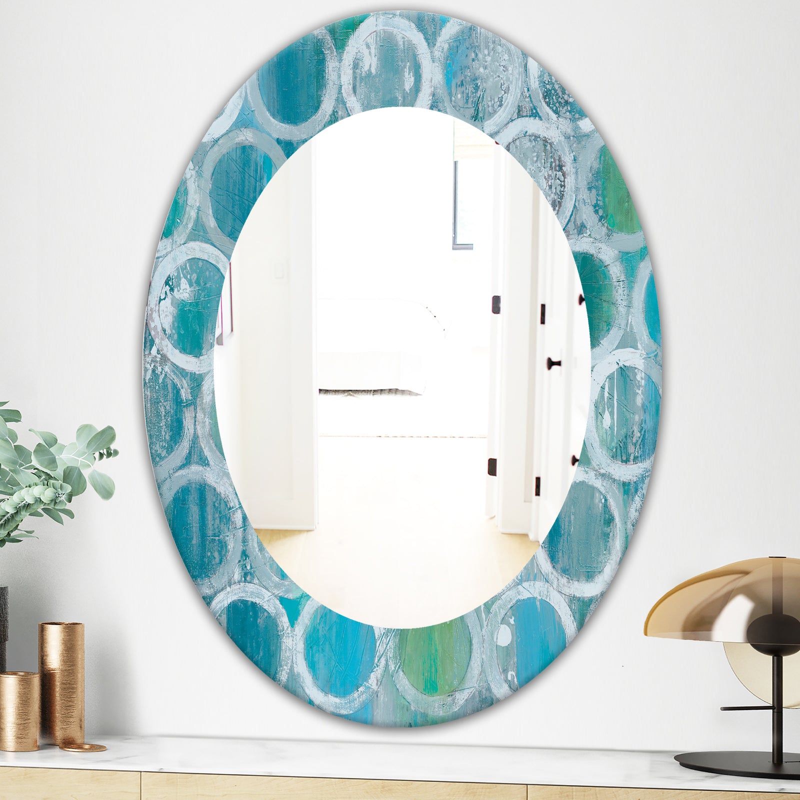 Natural Blue Circle - Modern Mirror - Frameless Oval or Round Wall Mirror
