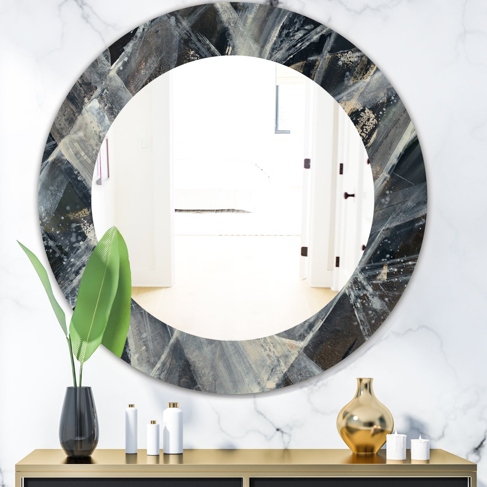 Abstract Glacial Black and White Painting - Mid-Century Mirror - Oval or Round Wall Mirror