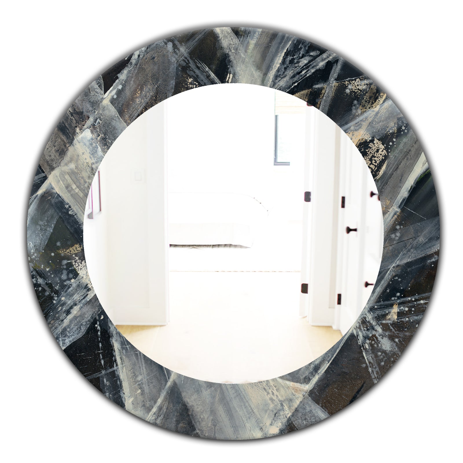 Abstract Glacial Black and White Painting - Mid-Century Mirror - Oval or Round Wall Mirror